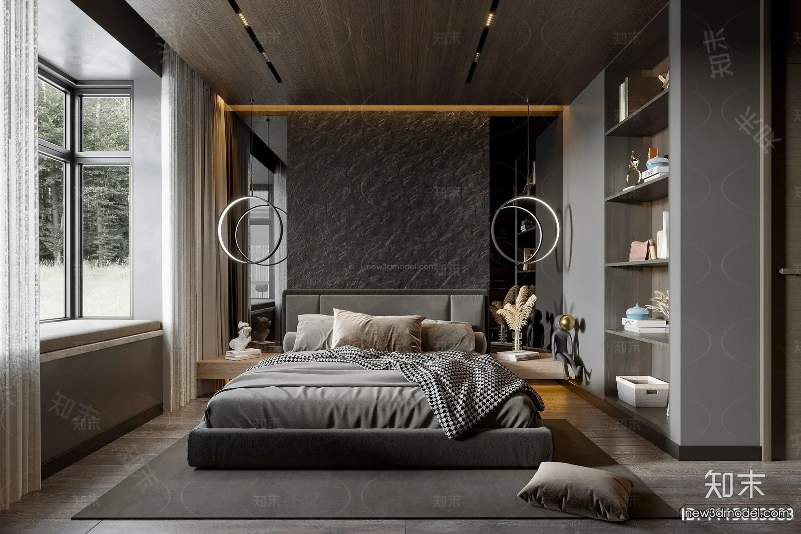 Black – White – Gray Colors Interior 3D Blocks – Bedroom 3D Scene – 143 – CORONA