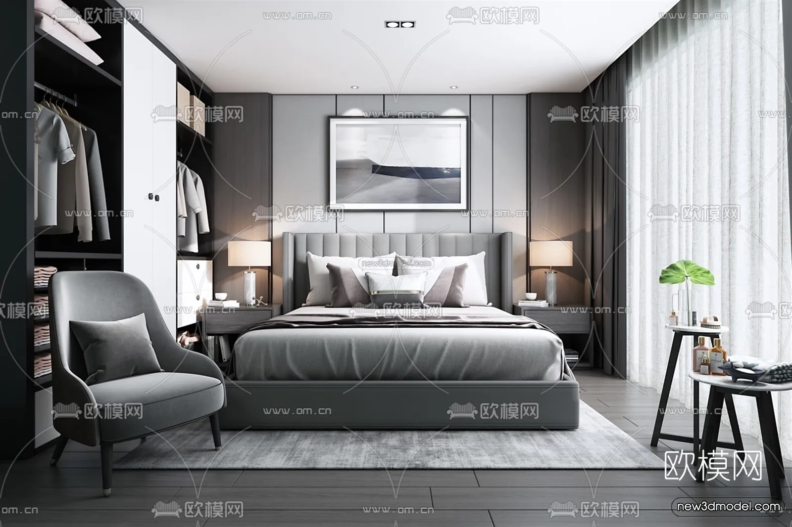 Black – White – Gray Colors Interior 3D Blocks – Bedroom 3D Scene – 144 – VRAY
