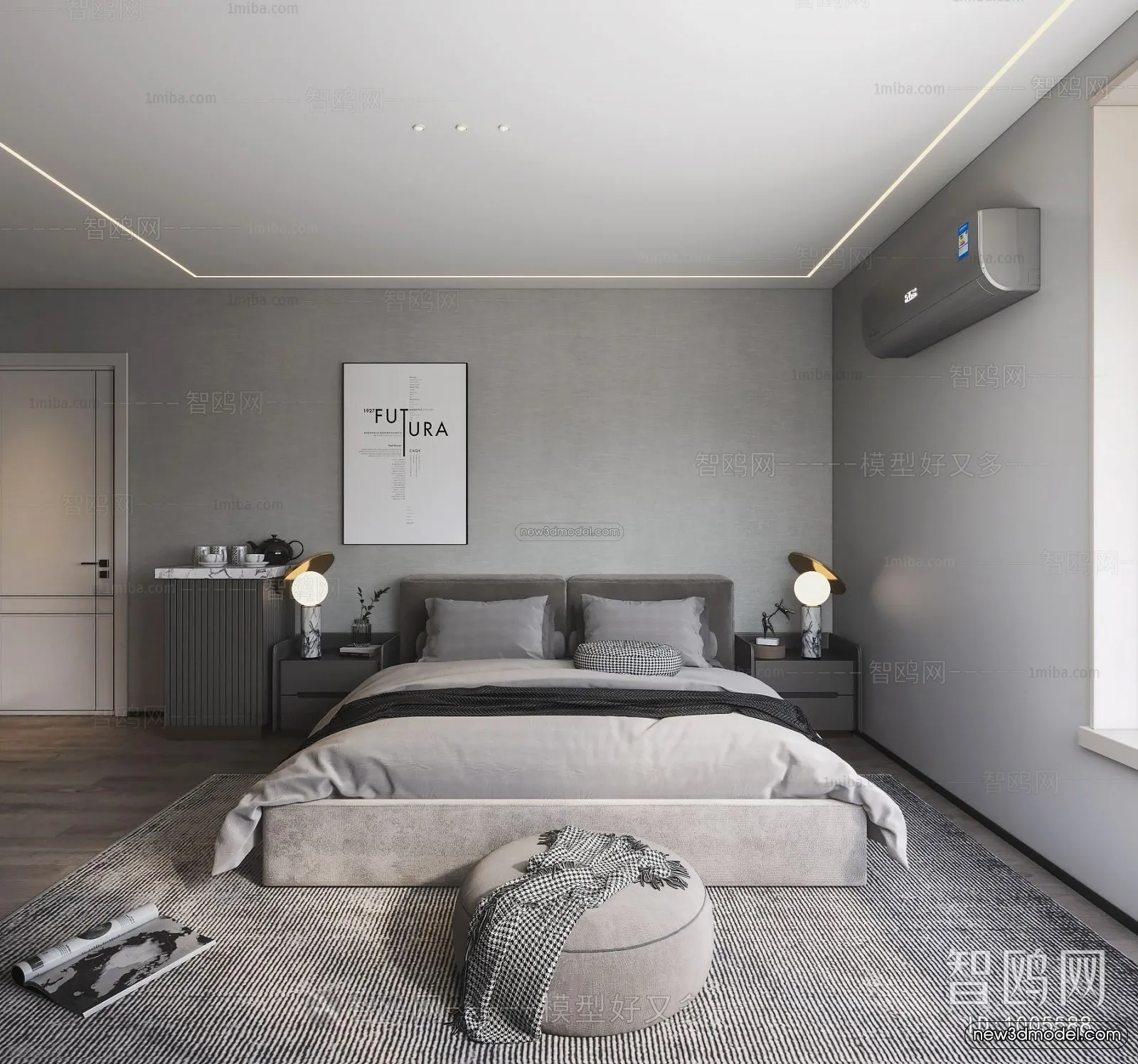 Black – White – Gray Colors Interior 3D Blocks – Bedroom 3D Scene – 145 – VRAY