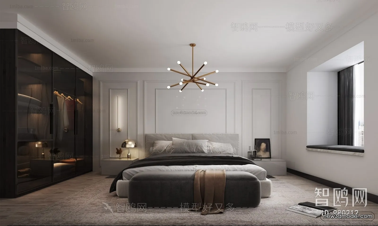 Black – White – Gray Colors Interior 3D Blocks – Bedroom 3D Scene – 147 – VRAY