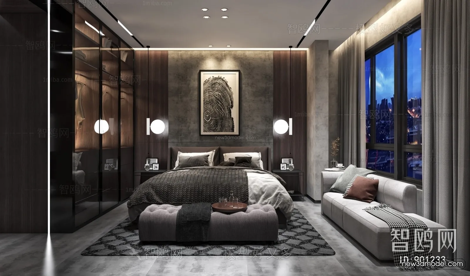 Black – White – Gray Colors Interior 3D Blocks – Bedroom 3D Scene – 149 – VRAY