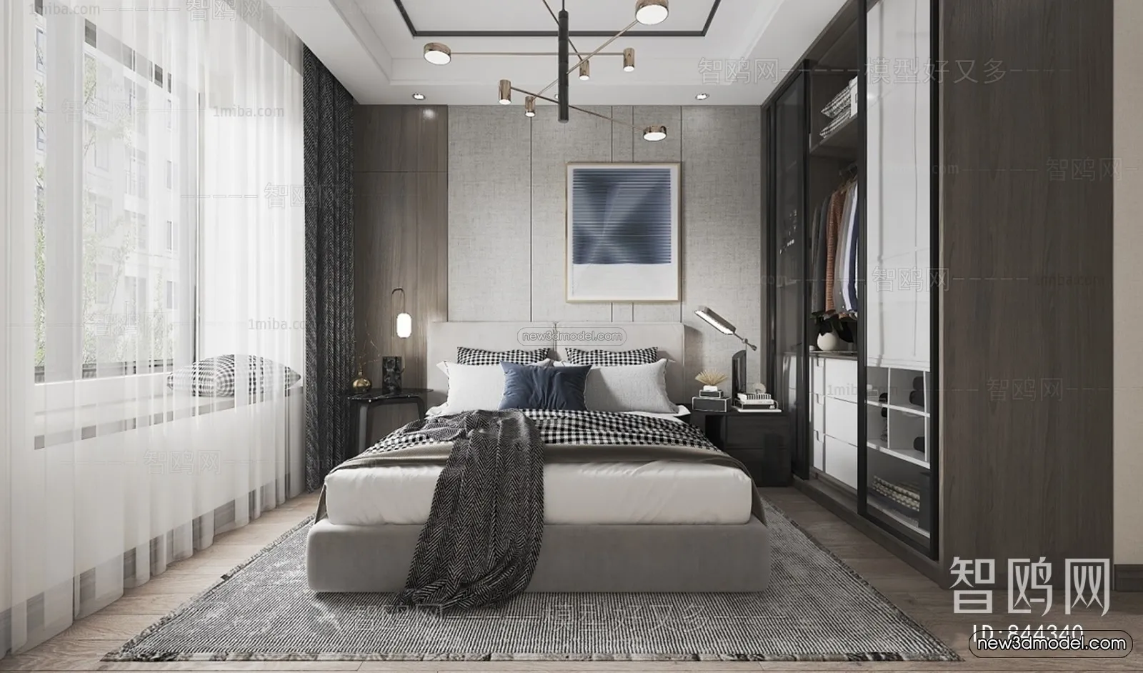 Black – White – Gray Colors Interior 3D Blocks – Bedroom 3D Scene – 150 – VRAY