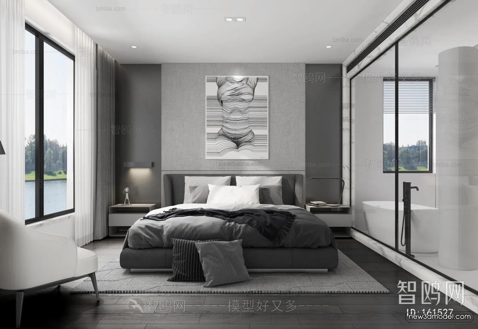 Black – White – Gray Colors Interior 3D Blocks – Bedroom 3D Scene – 153 – VRAY