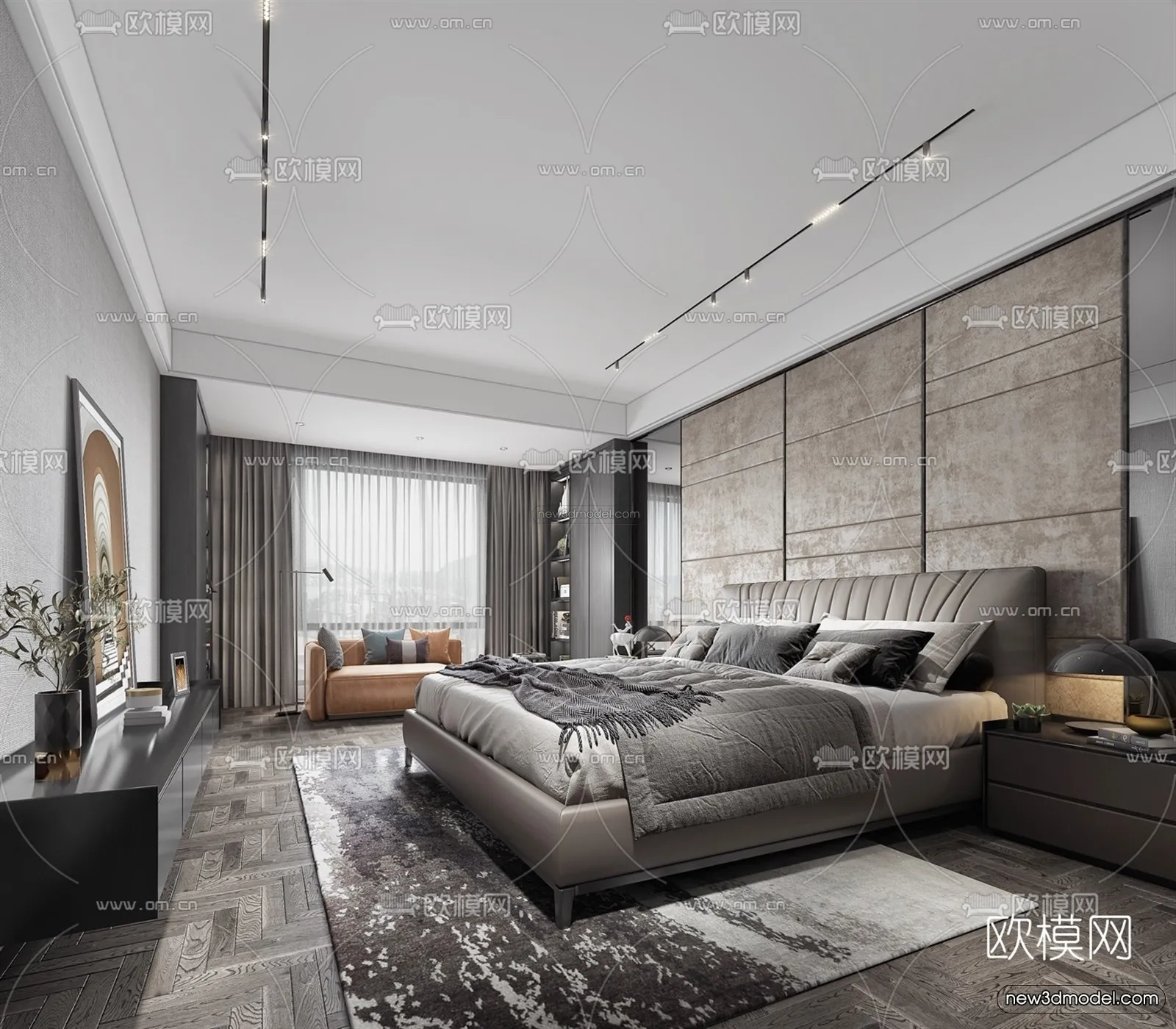 Black – White – Gray Colors Interior 3D Blocks – Bedroom 3D Scene – 154 – VRAY