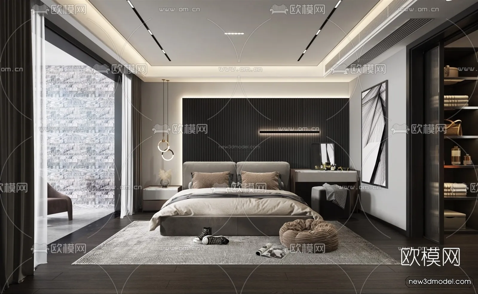 Black – White – Gray Colors Interior 3D Blocks – Bedroom 3D Scene – 155 – VRAY