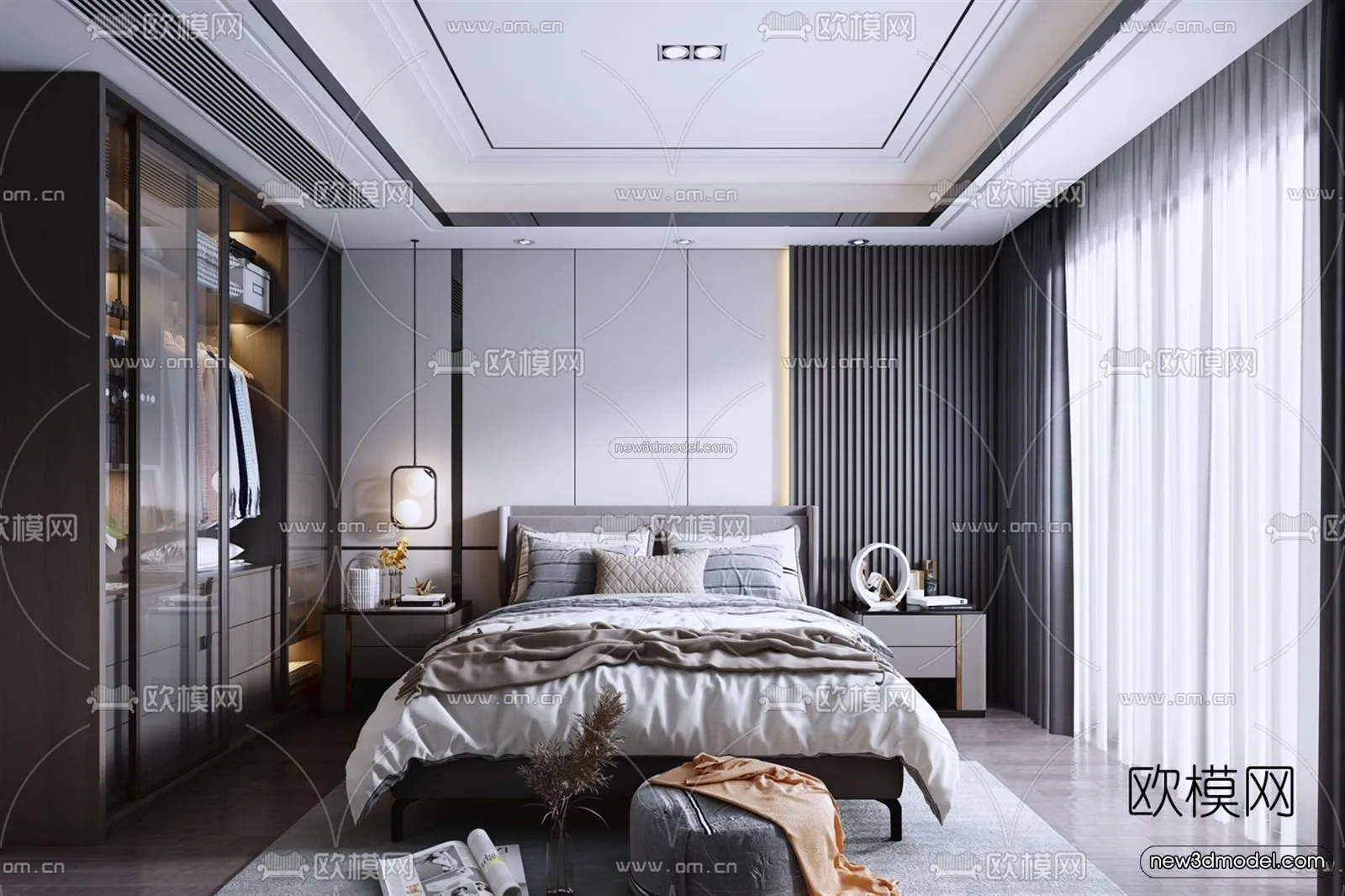 Black – White – Gray Colors Interior 3D Blocks – Bedroom 3D Scene – 156 – VRAY