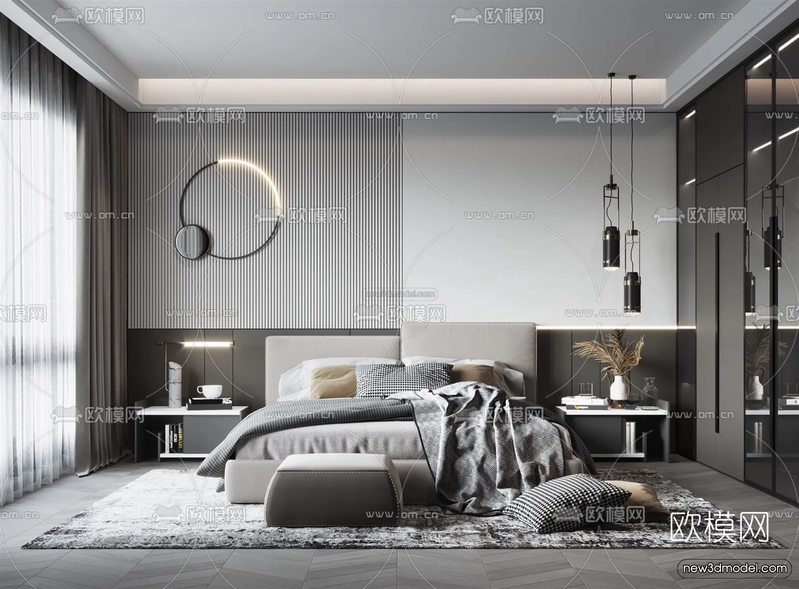 Black – White – Gray Colors Interior 3D Blocks – Bedroom 3D Scene – 161 – VRAY