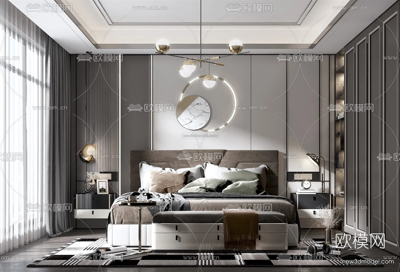 Black – White – Gray Colors Interior 3D Blocks – Bedroom 3D Scene – 162 – VRAY