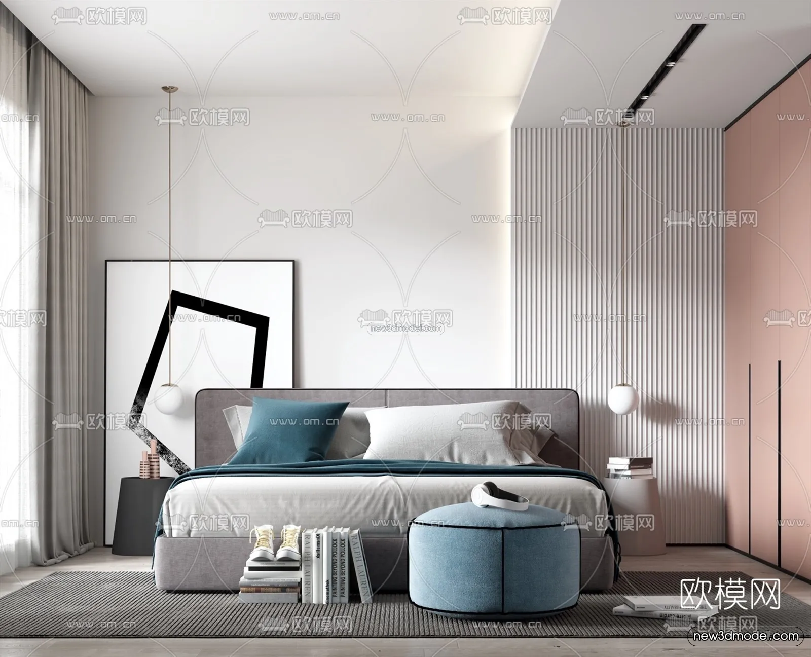 Black – White – Gray Colors Interior 3D Blocks – Bedroom 3D Scene – 163 – VRAY