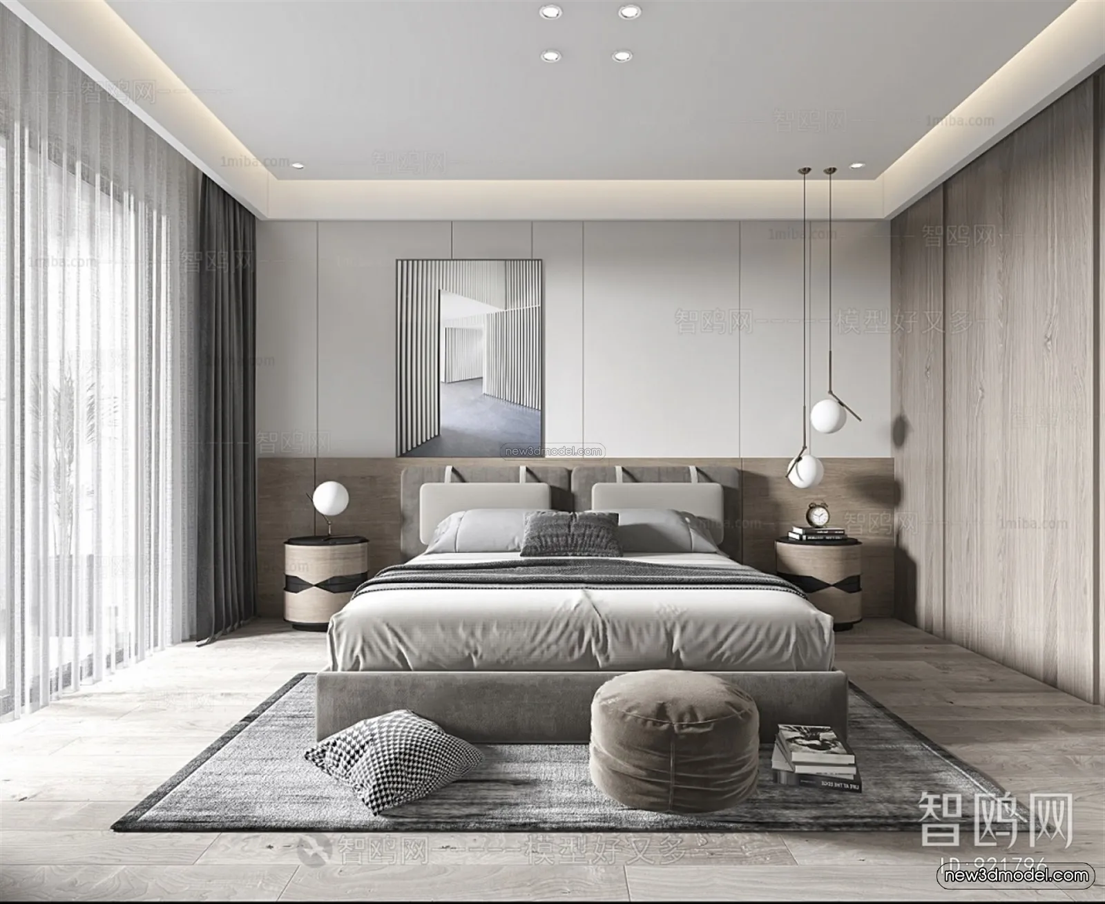Black – White – Gray Colors Interior 3D Blocks – Bedroom 3D Scene – 165 – VRAY