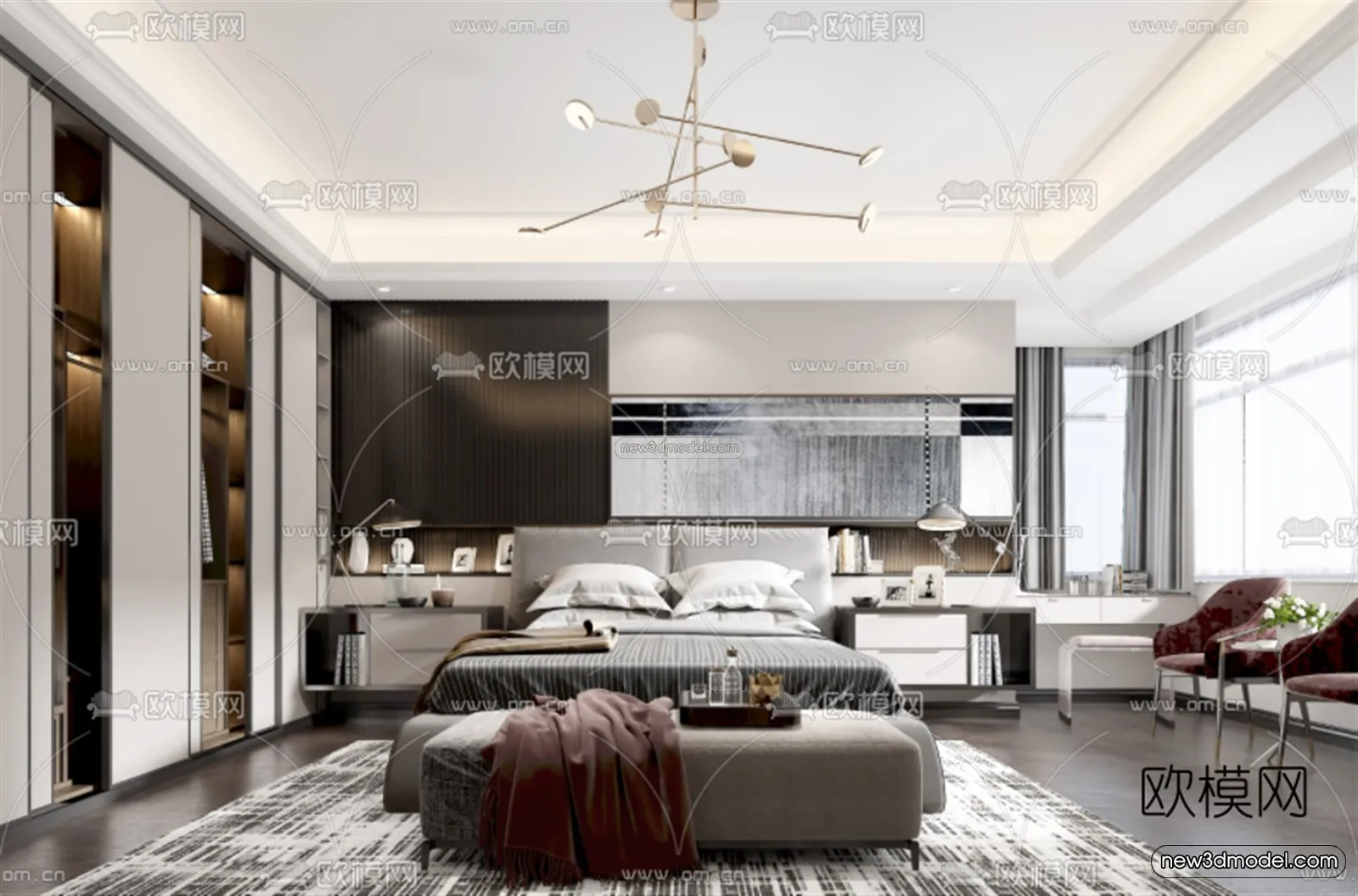 Black – White – Gray Colors Interior 3D Blocks – Bedroom 3D Scene – 167 – VRAY