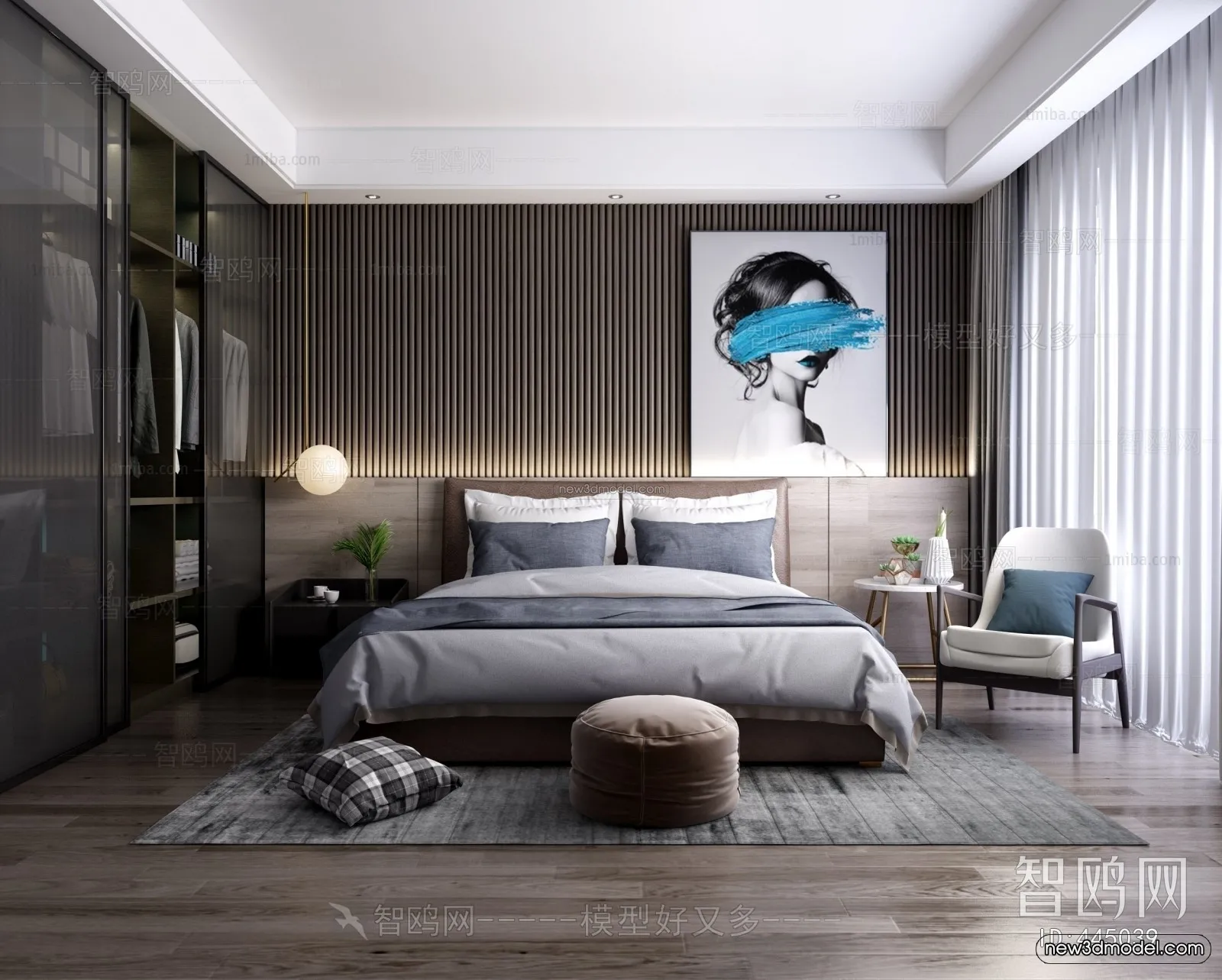 Black – White – Gray Colors Interior 3D Blocks – Bedroom 3D Scene – 169 – VRAY