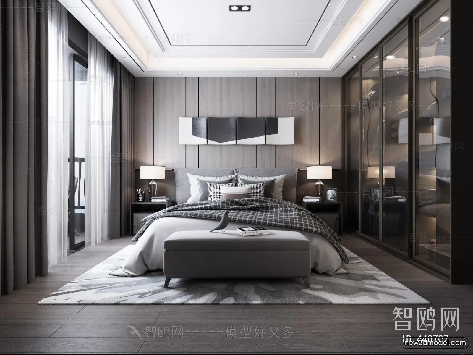 Black – White – Gray Colors Interior 3D Blocks – Bedroom 3D Scene – 170 – VRAY