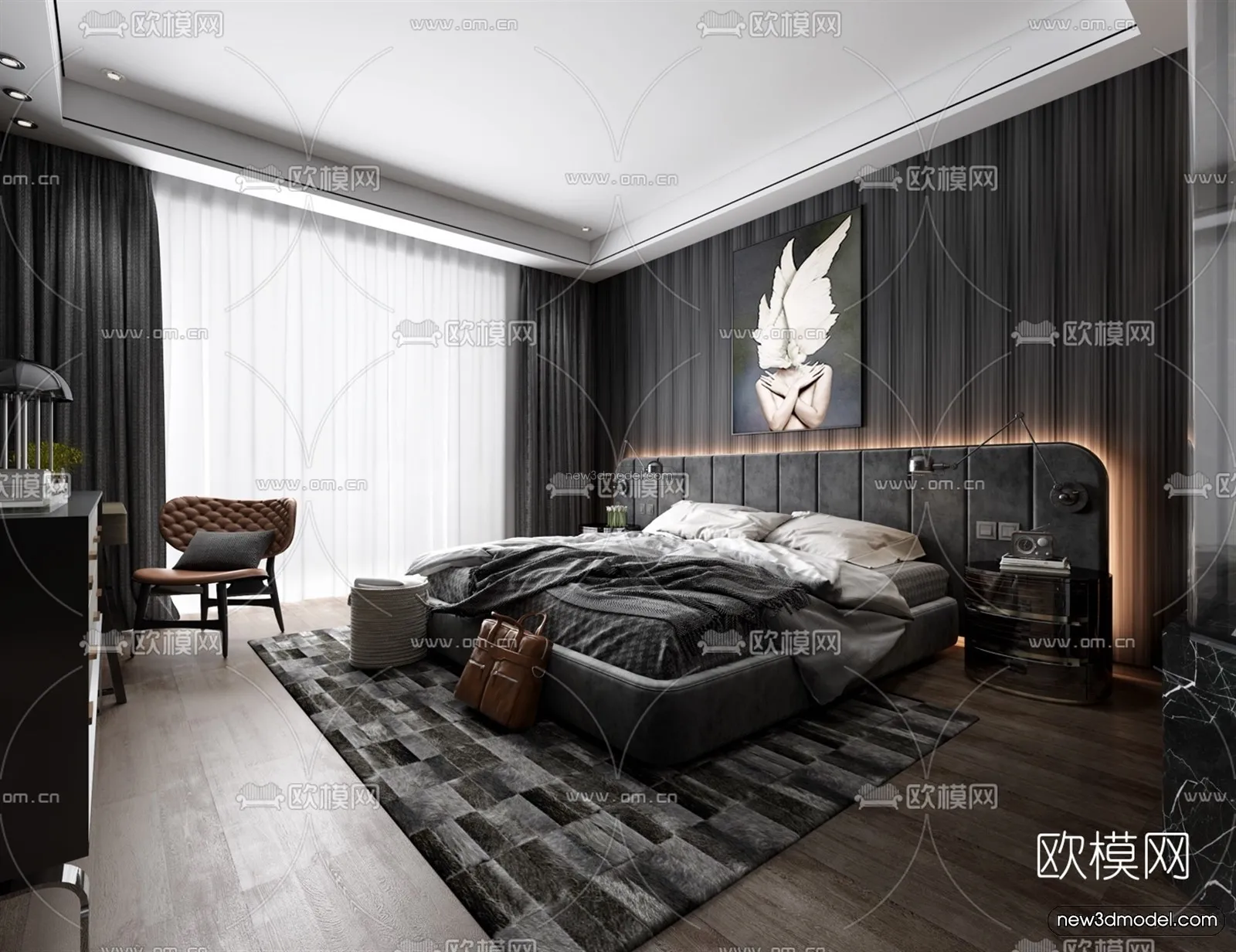 Black – White – Gray Colors Interior 3D Blocks – Bedroom 3D Scene – 171 – VRAY