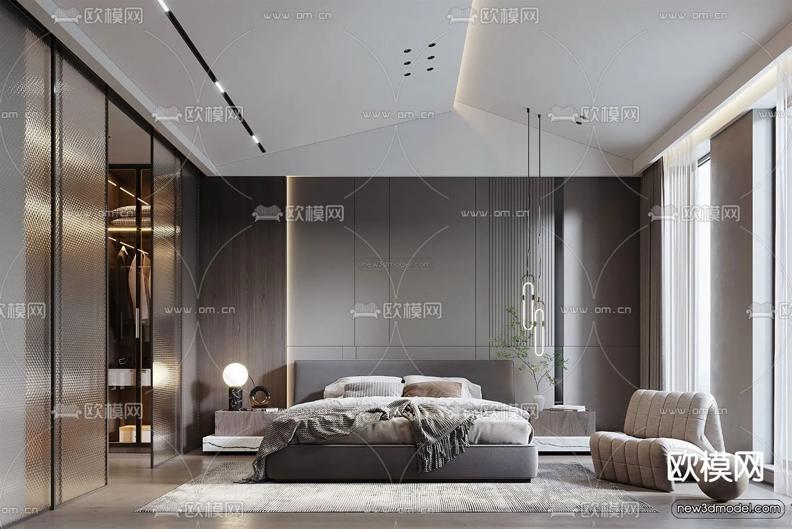 Black – White – Gray Colors Interior 3D Blocks – Bedroom 3D Scene – 174 – VRAY