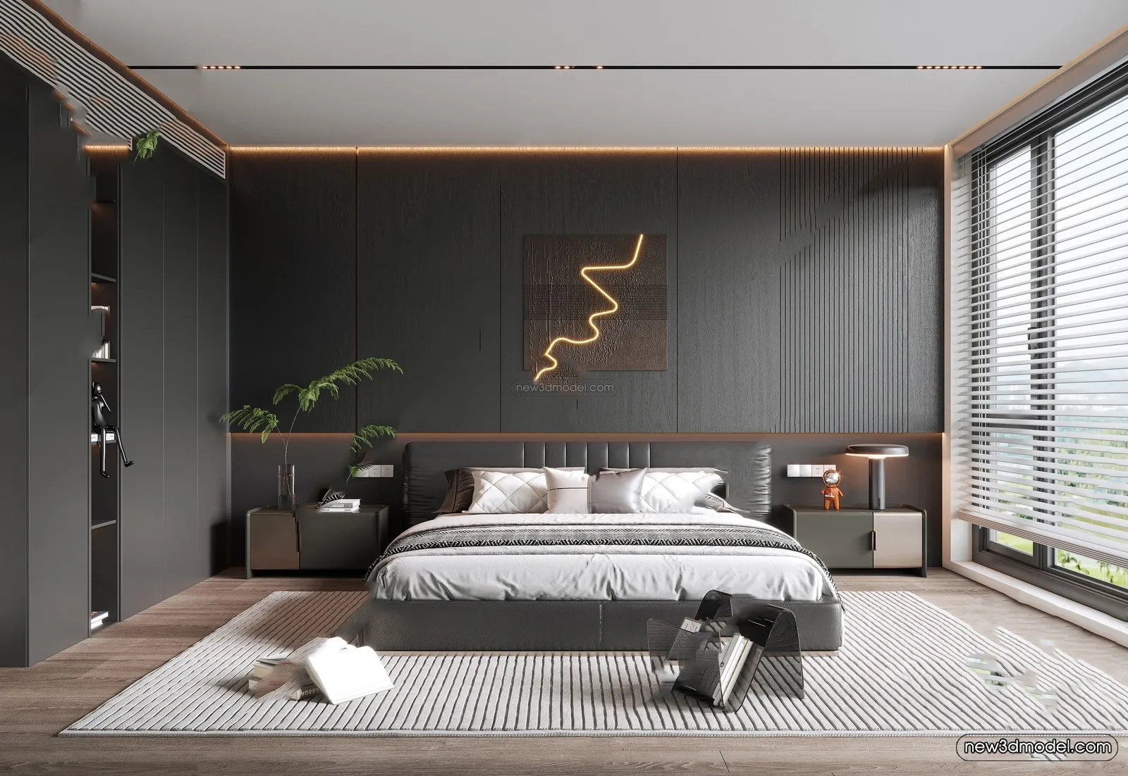 Black – White – Gray Colors Interior 3D Blocks – Bedroom 3D Scene – 179 – VRAY