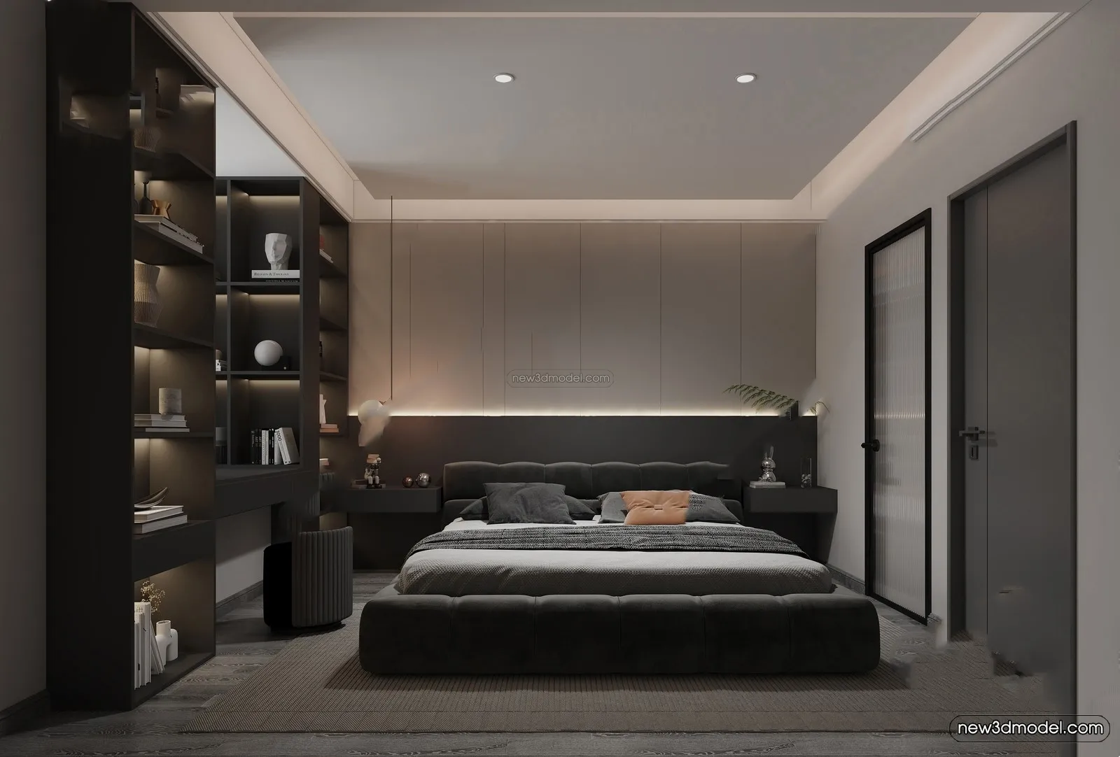 Black – White – Gray Colors Interior 3D Blocks – Bedroom 3D Scene – 180 – VRAY