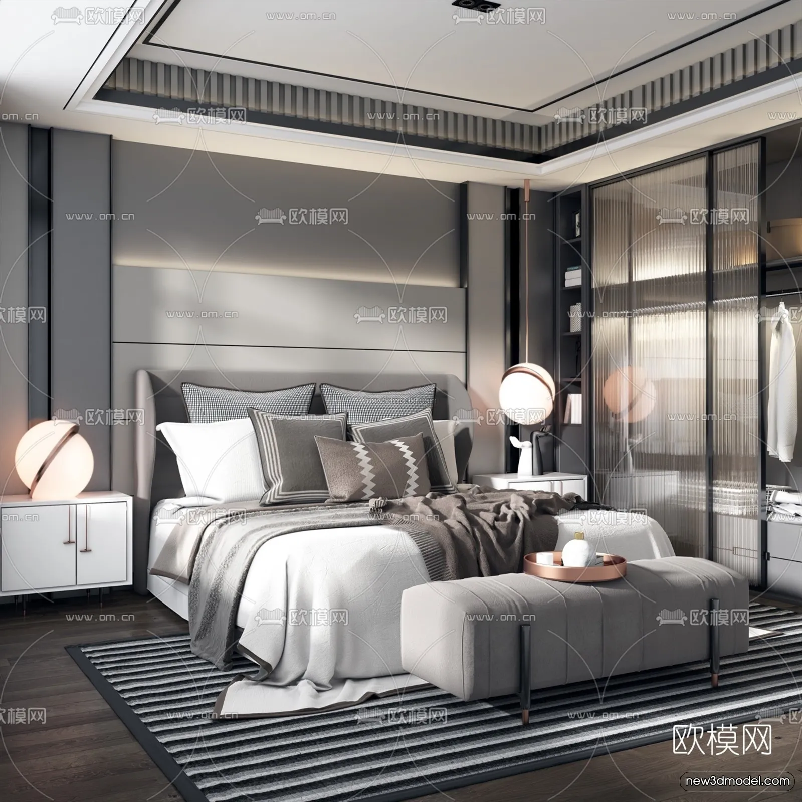Black – White – Gray Colors Interior 3D Blocks – Bedroom 3D Scene – 181 – VRAY