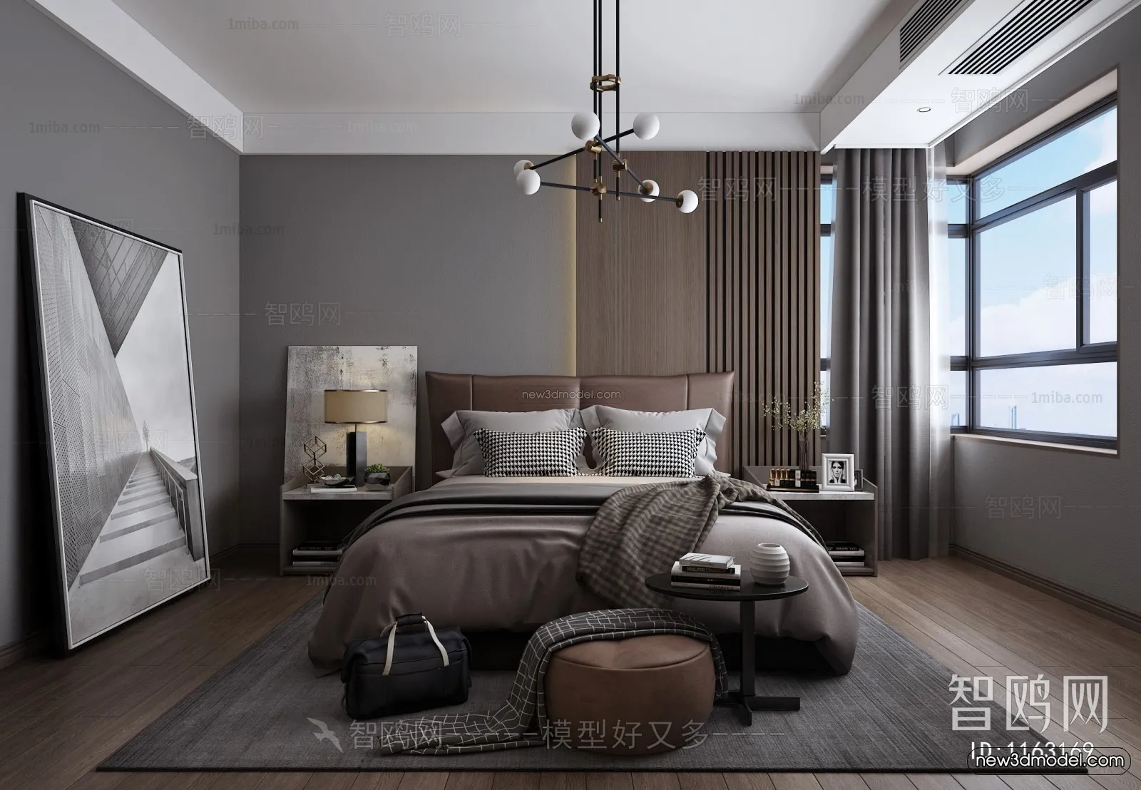 Black – White – Gray Colors Interior 3D Blocks – Bedroom 3D Scene – 182 – VRAY