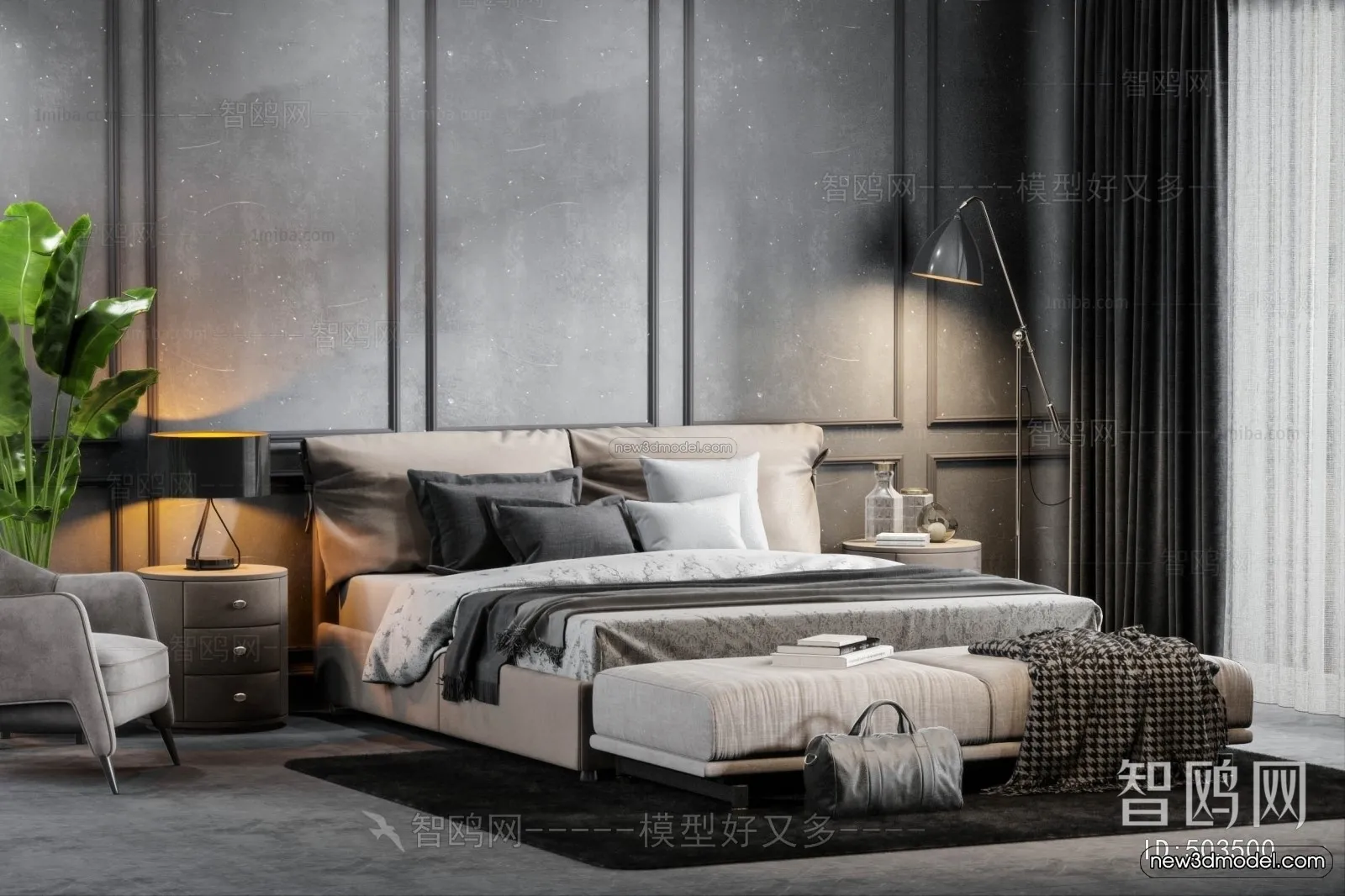 Black – White – Gray Colors Interior 3D Blocks – Bedroom 3D Scene – 184 – VRAY