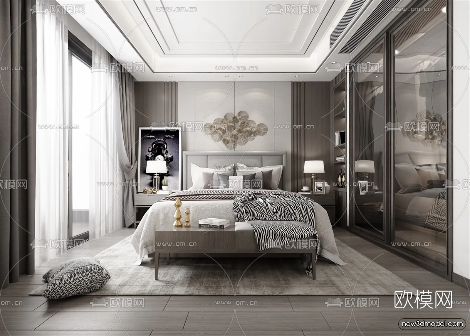 Black – White – Gray Colors Interior 3D Blocks – Bedroom 3D Scene – 185 – VRAY