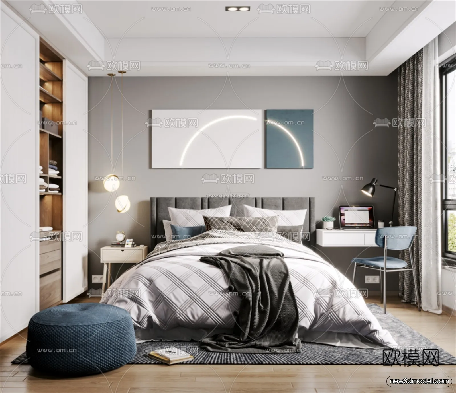Black – White – Gray Colors Interior 3D Blocks – Bedroom 3D Scene – 186 – VRAY