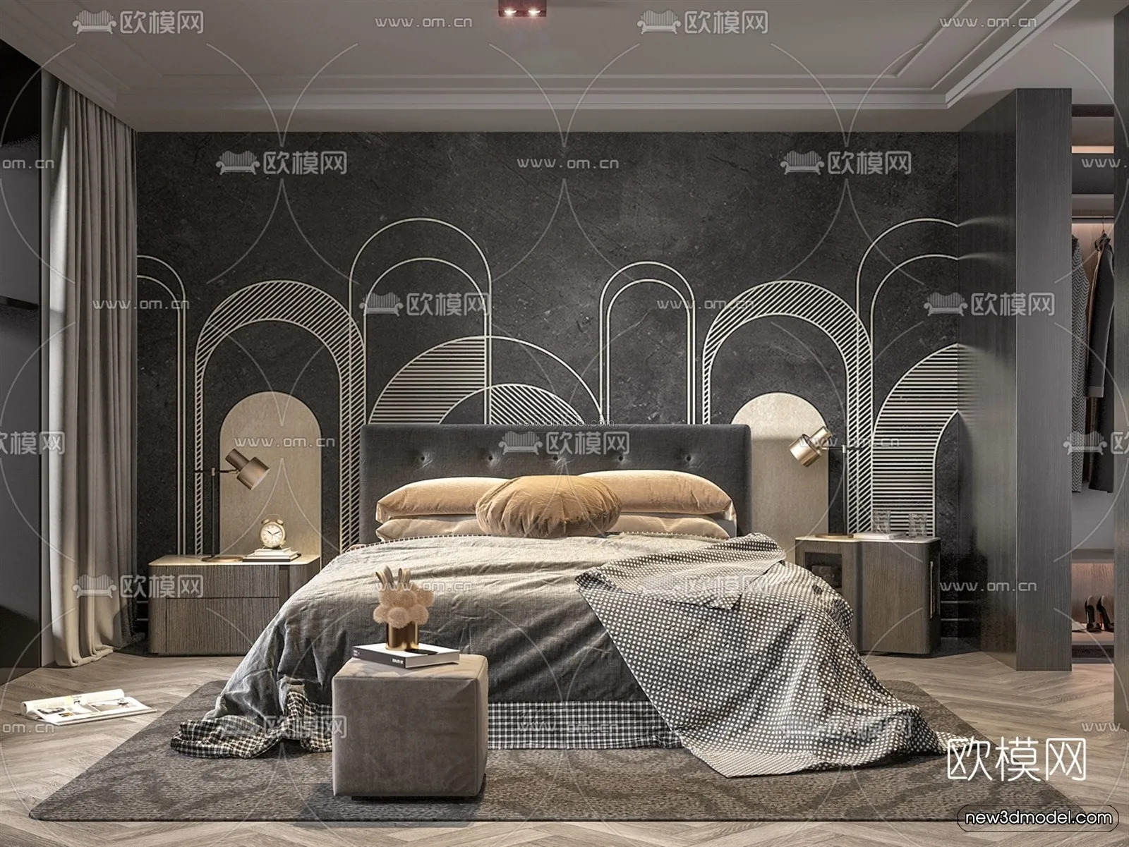 Black – White – Gray Colors Interior 3D Blocks – Bedroom 3D Scene – 187 – VRAY