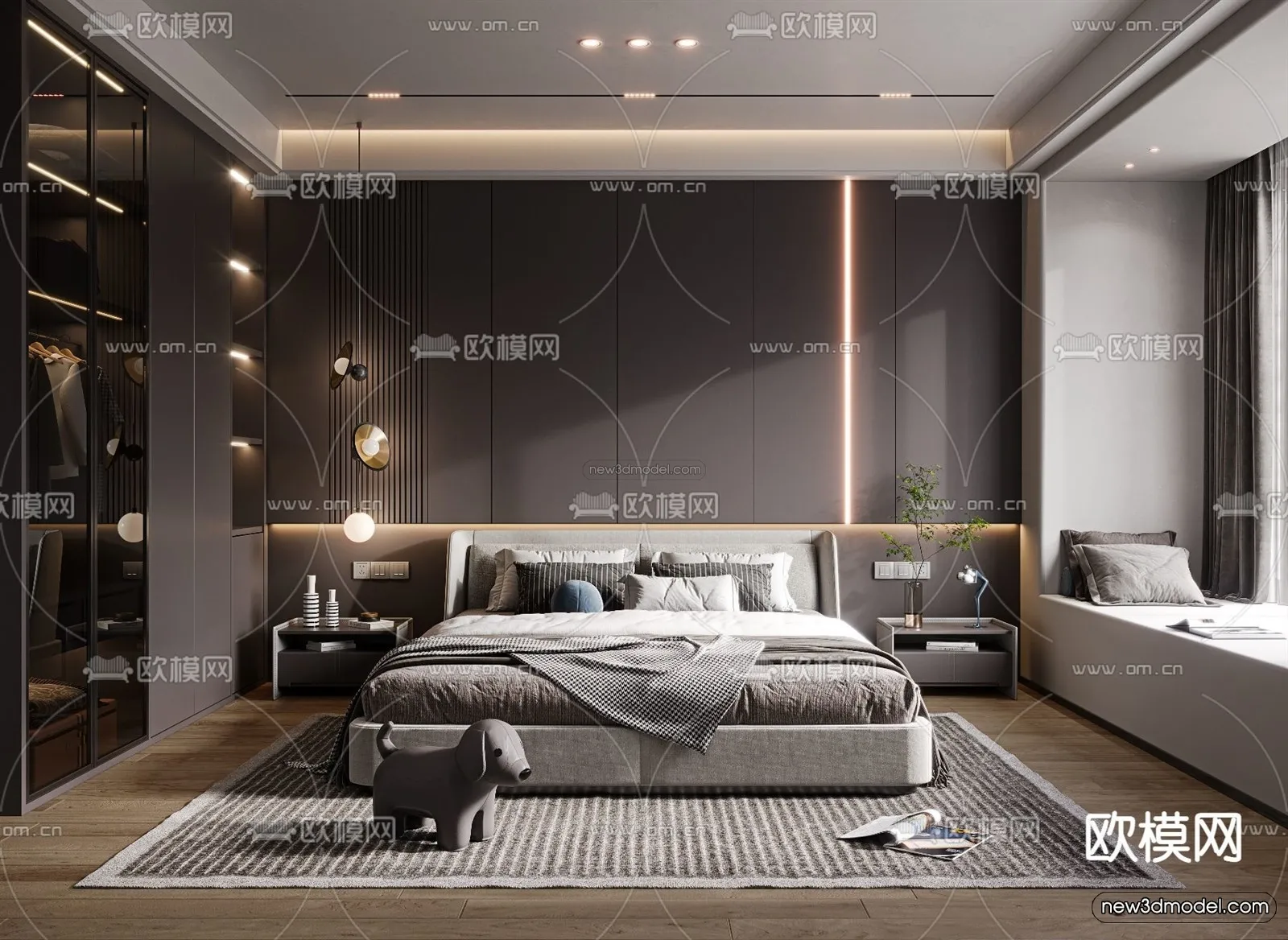 Black – White – Gray Colors Interior 3D Blocks – Bedroom 3D Scene – 188 – VRAY