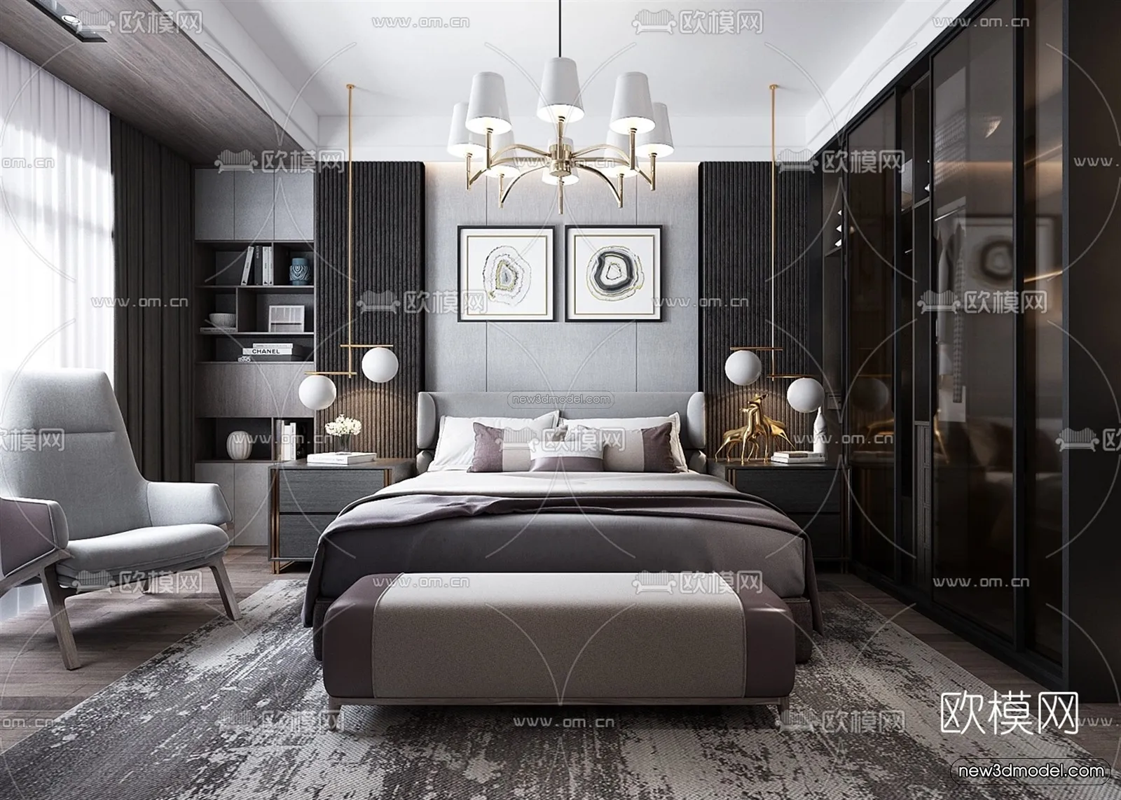 Black – White – Gray Colors Interior 3D Blocks – Bedroom 3D Scene – 189 – VRAY