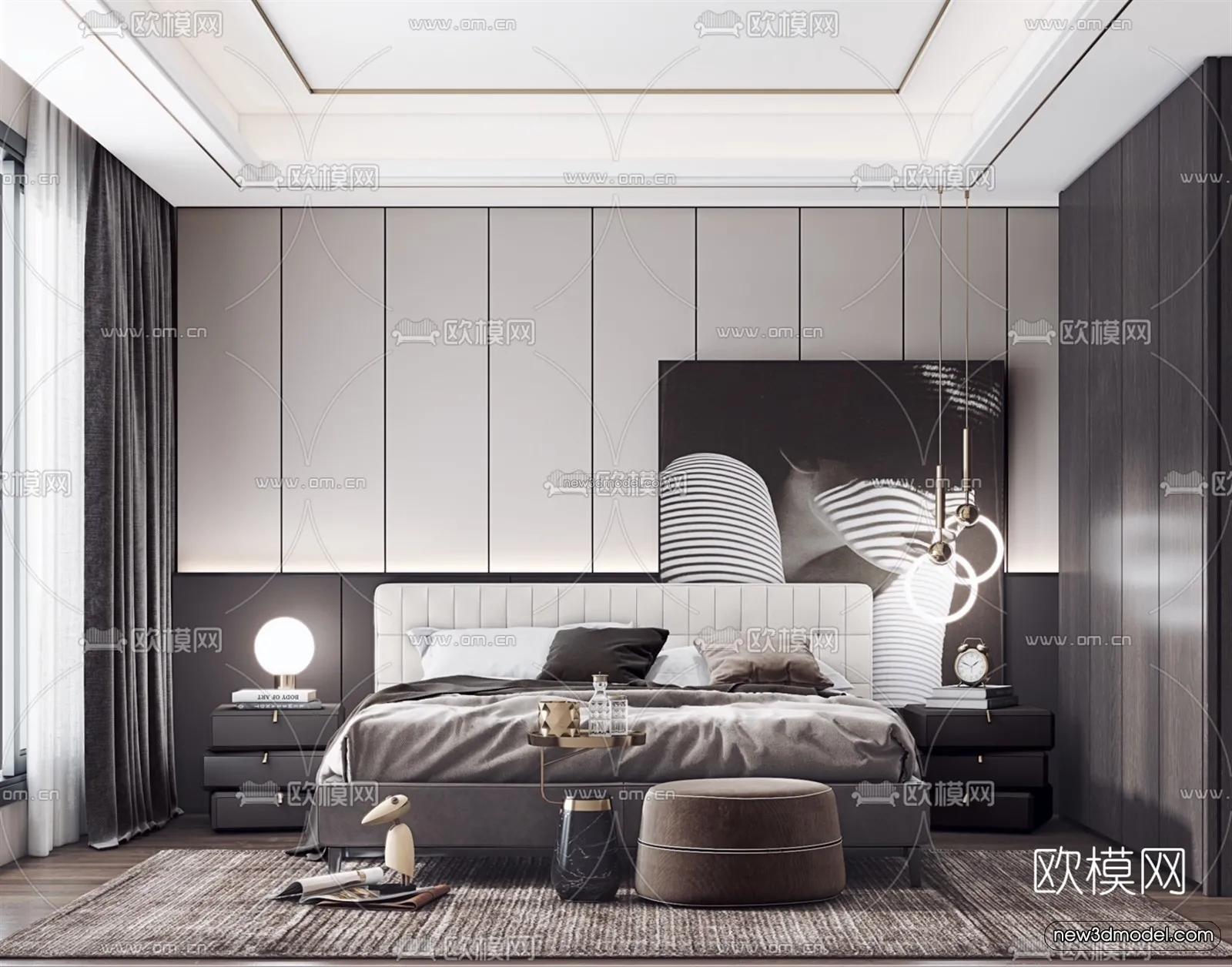 Black – White – Gray Colors Interior 3D Blocks – Bedroom 3D Scene – 190 – VRAY