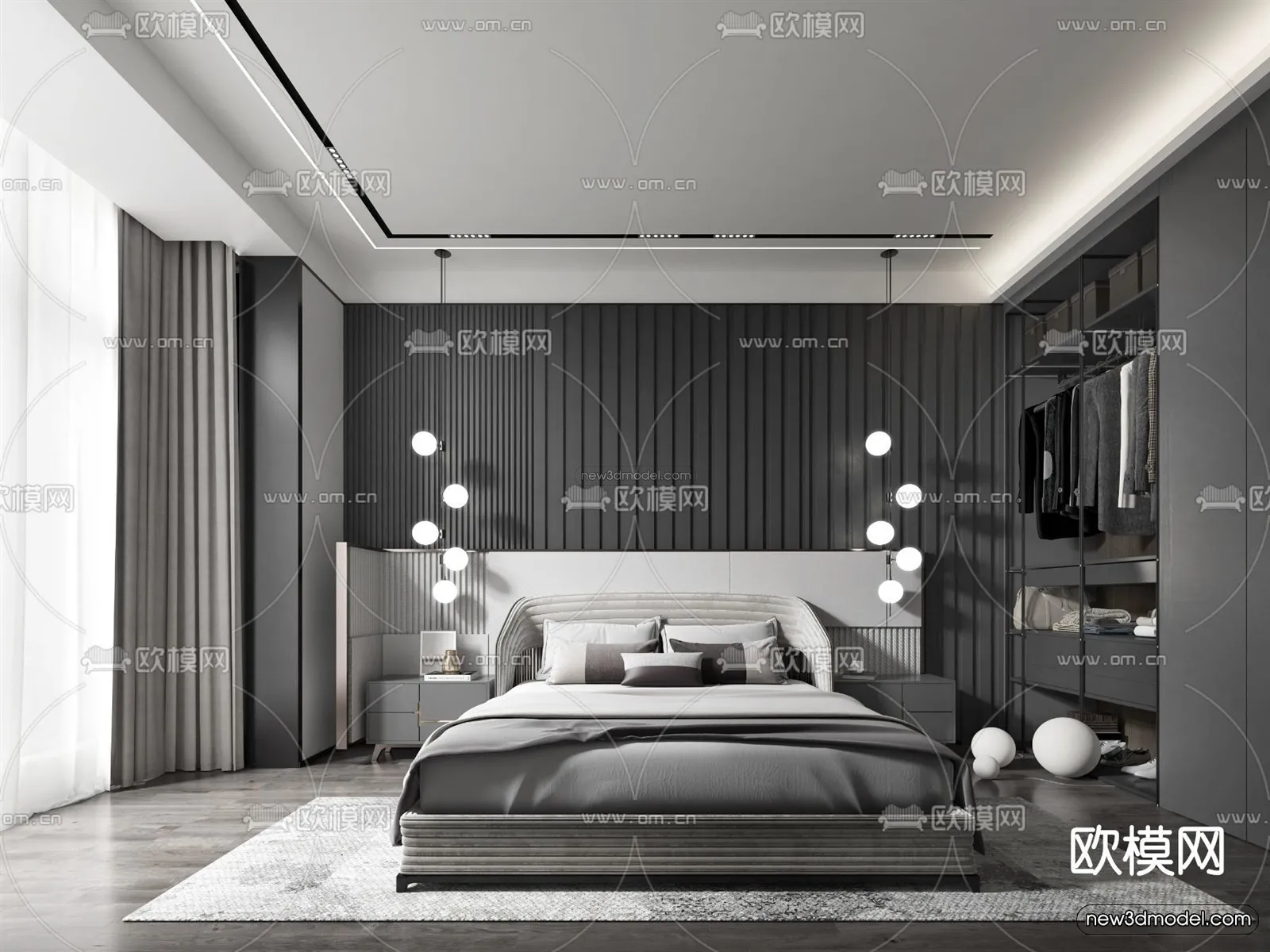 Black – White – Gray Colors Interior 3D Blocks – Bedroom 3D Scene – 191 – VRAY