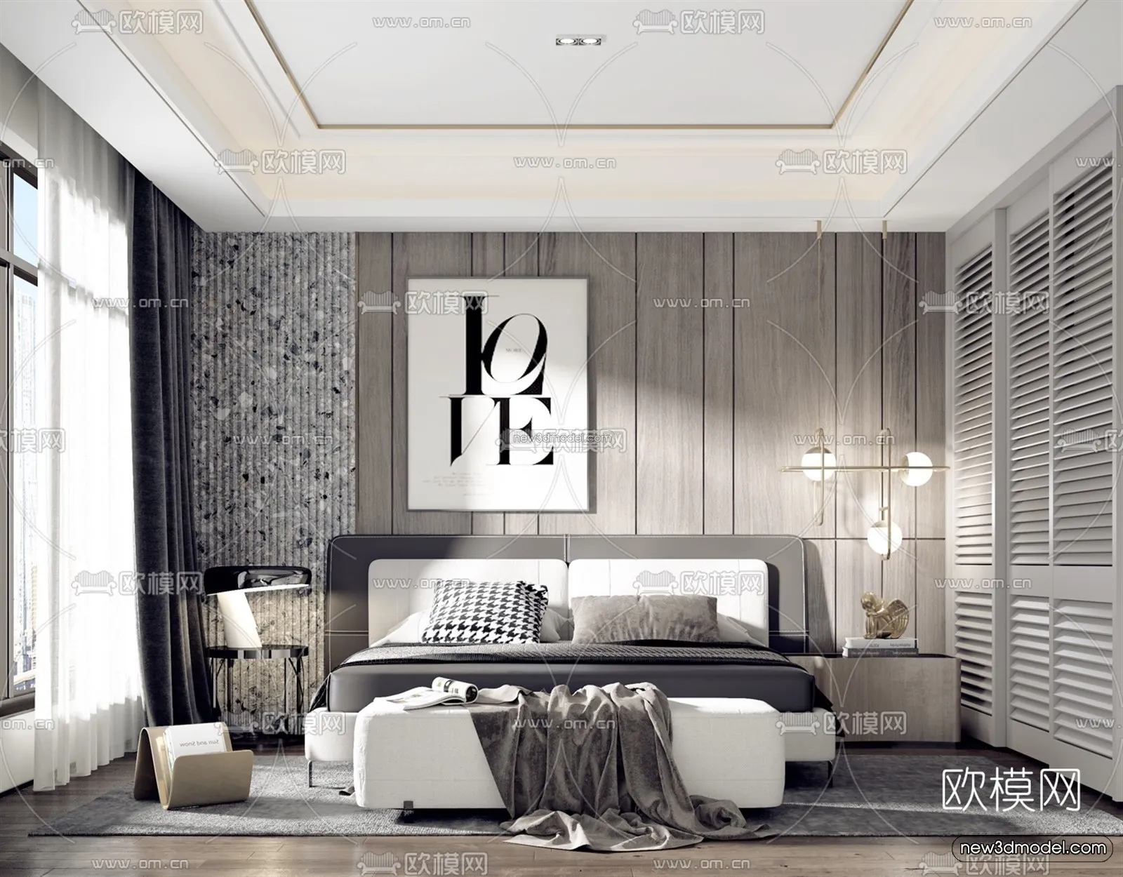 Black – White – Gray Colors Interior 3D Blocks – Bedroom 3D Scene – 192 – VRAY
