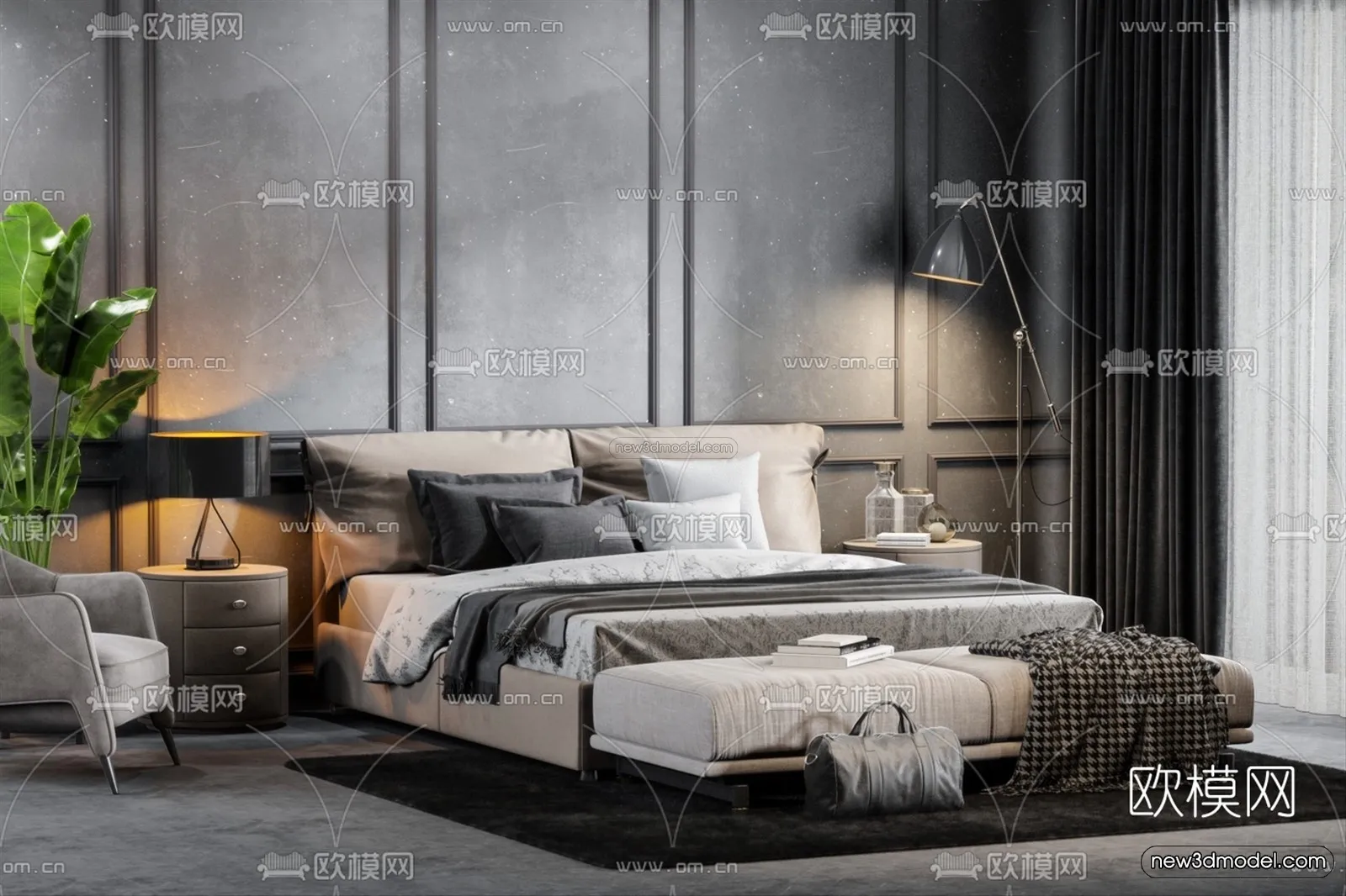 Black – White – Gray Colors Interior 3D Blocks – Bedroom 3D Scene – 193 – VRAY