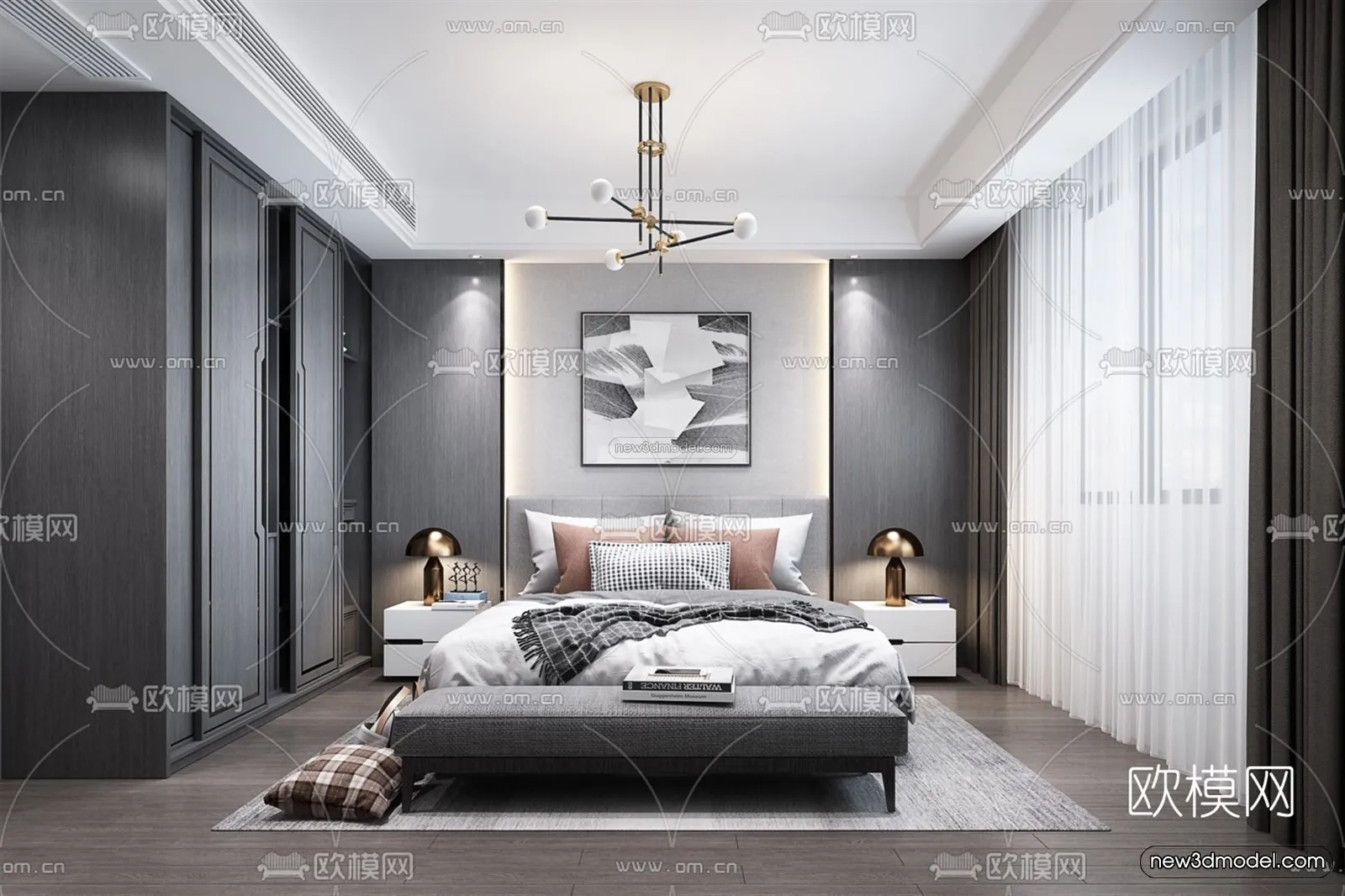 Black – White – Gray Colors Interior 3D Blocks – Bedroom 3D Scene – 194 – VRAY