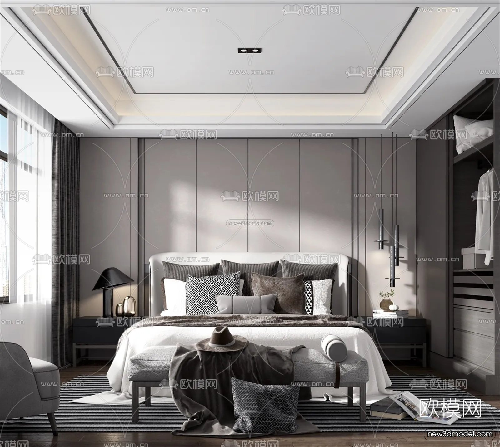 Black – White – Gray Colors Interior 3D Blocks – Bedroom 3D Scene – 196 – VRAY