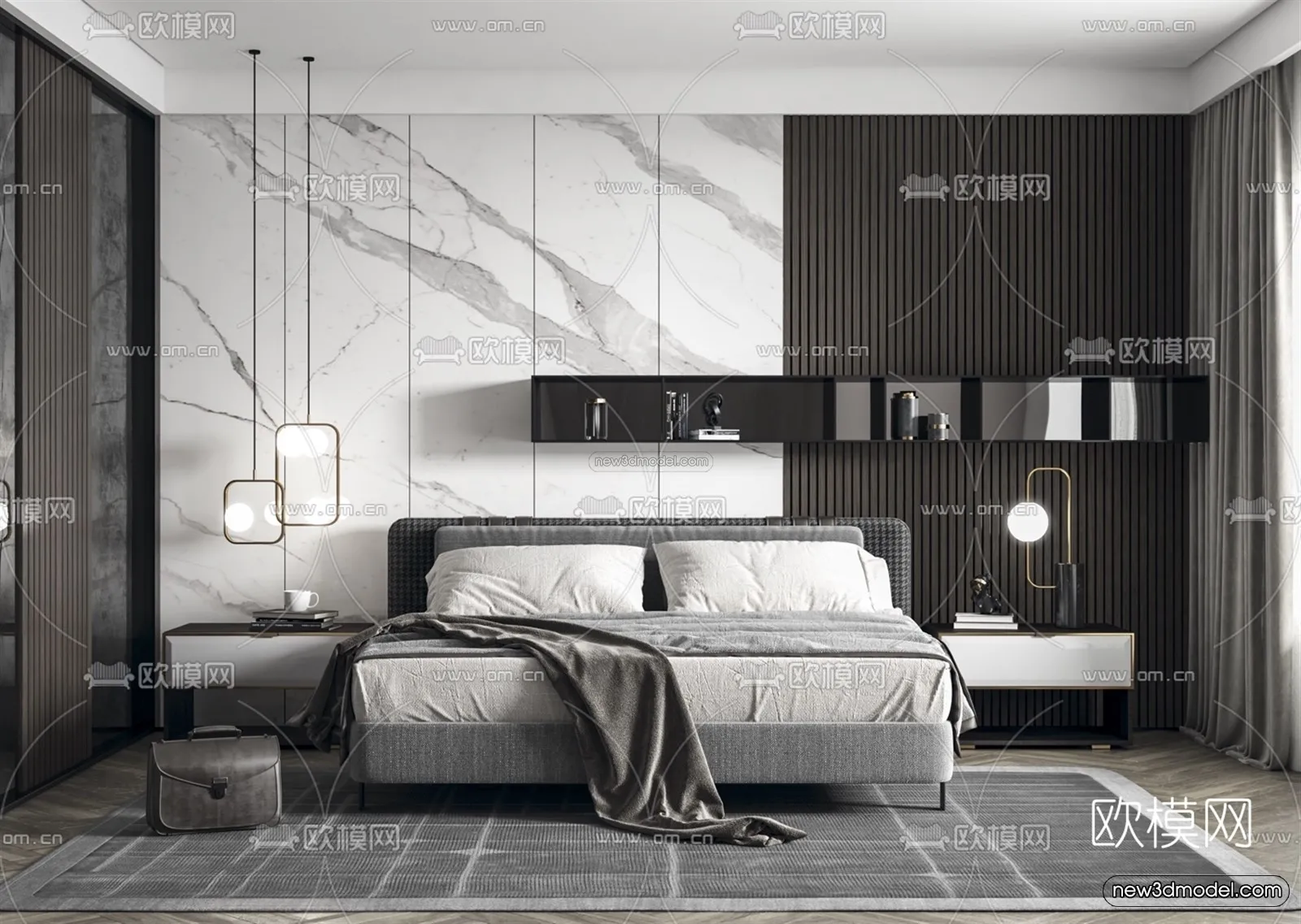 Black – White – Gray Colors Interior 3D Blocks – Bedroom 3D Scene – 197 – VRAY