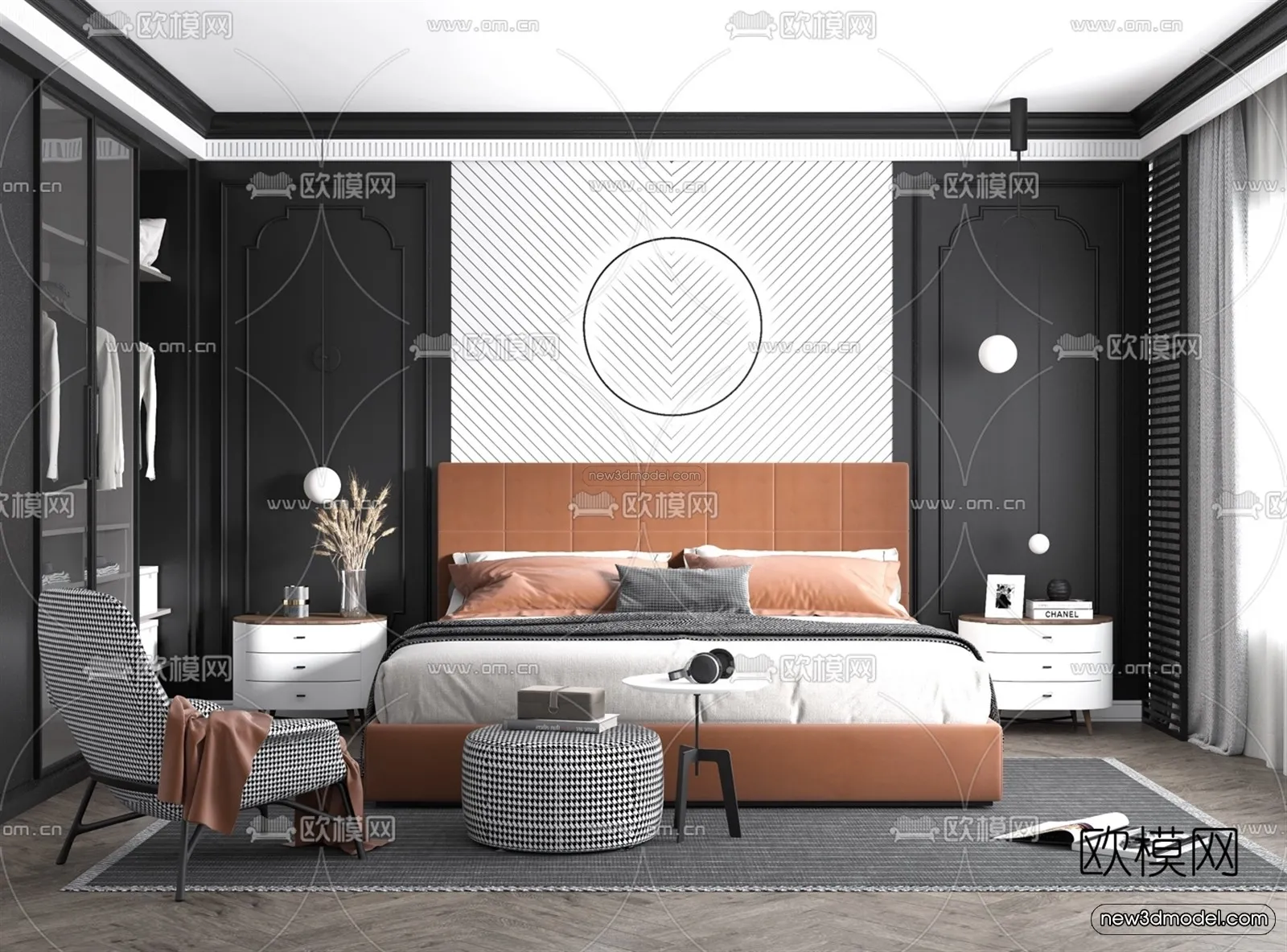 Black – White – Gray Colors Interior 3D Blocks – Bedroom 3D Scene – 199 – VRAY