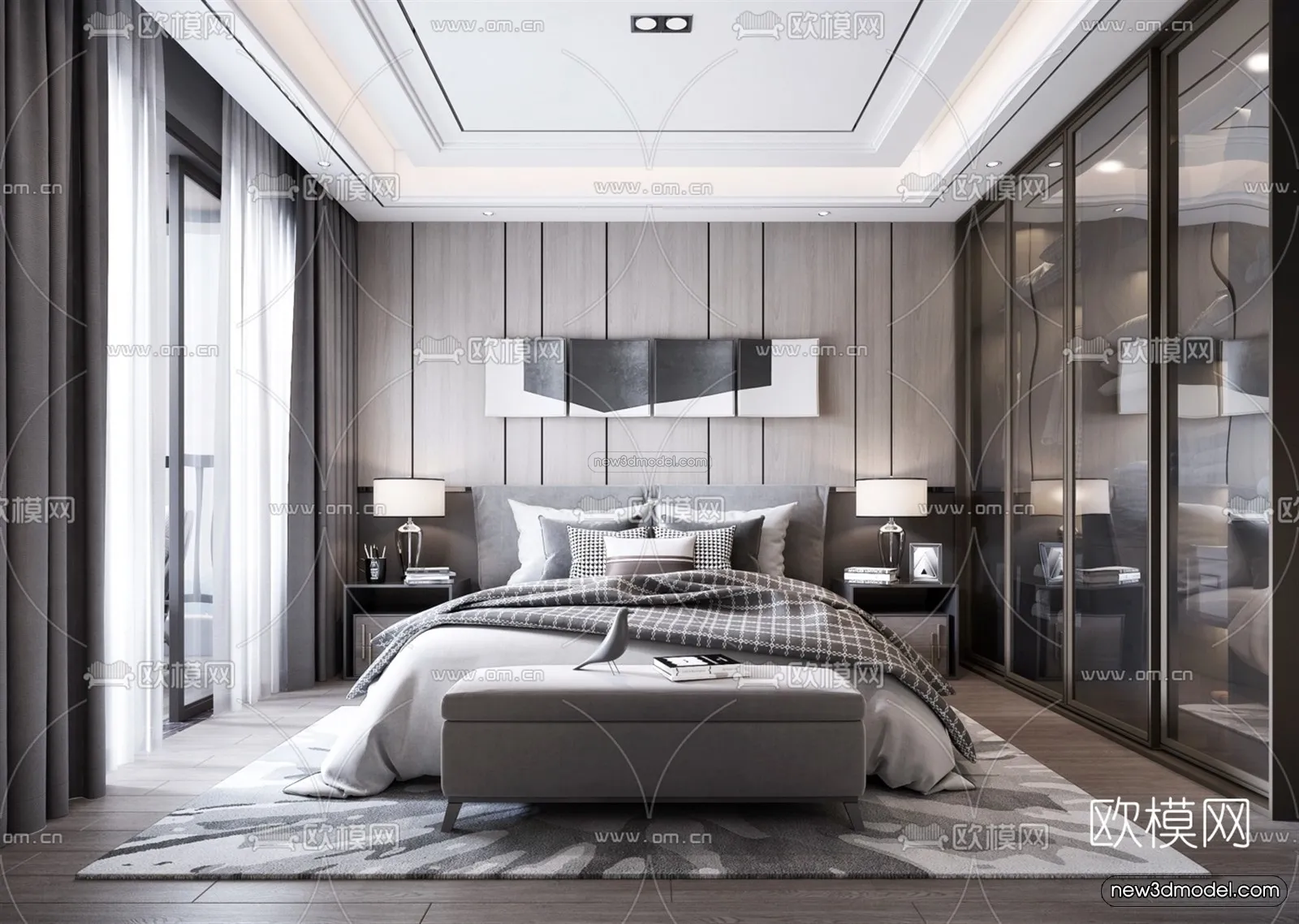 Black – White – Gray Colors Interior 3D Blocks – Bedroom 3D Scene – 201 – VRAY