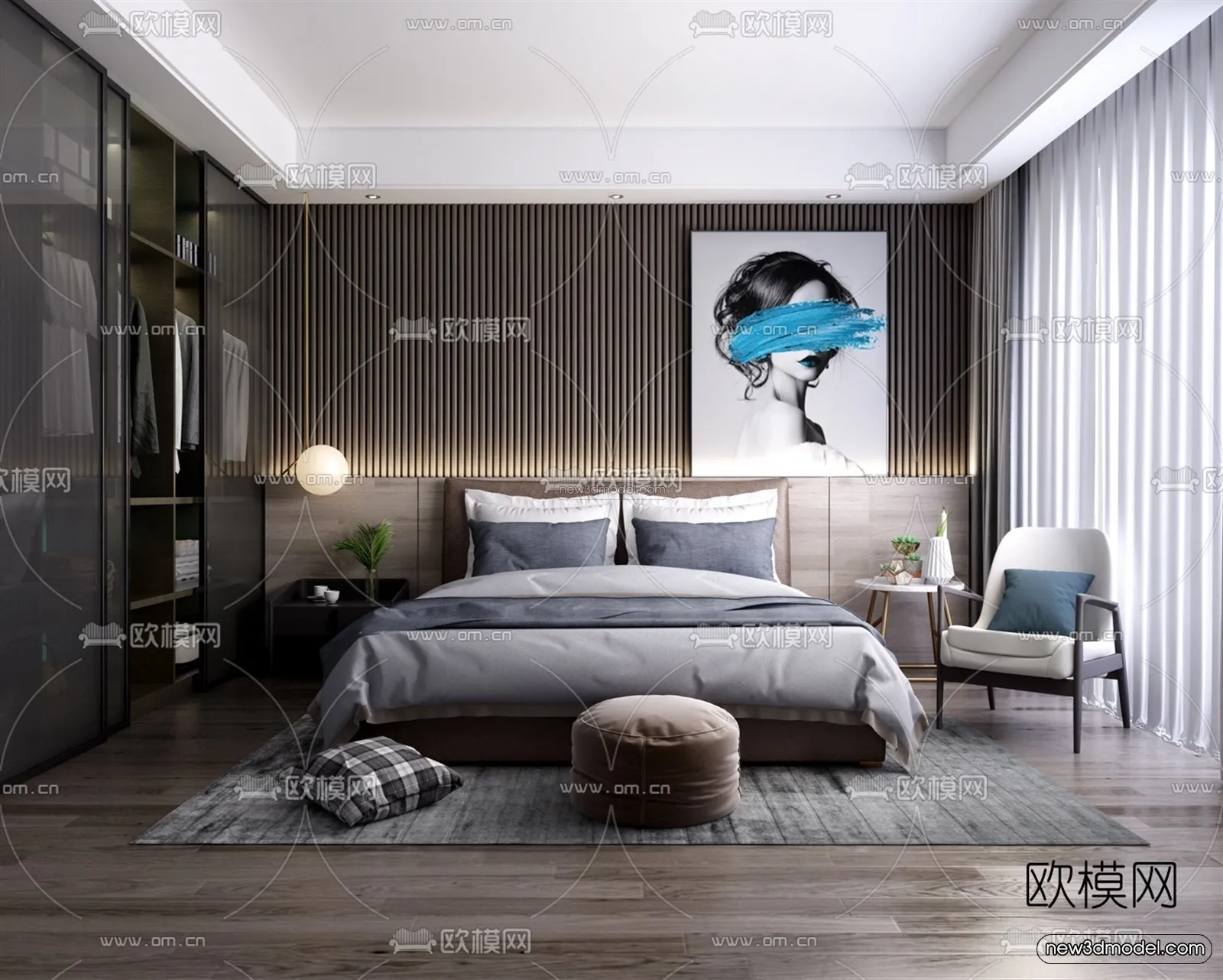 Black – White – Gray Colors Interior 3D Blocks – Bedroom 3D Scene – 202 – VRAY
