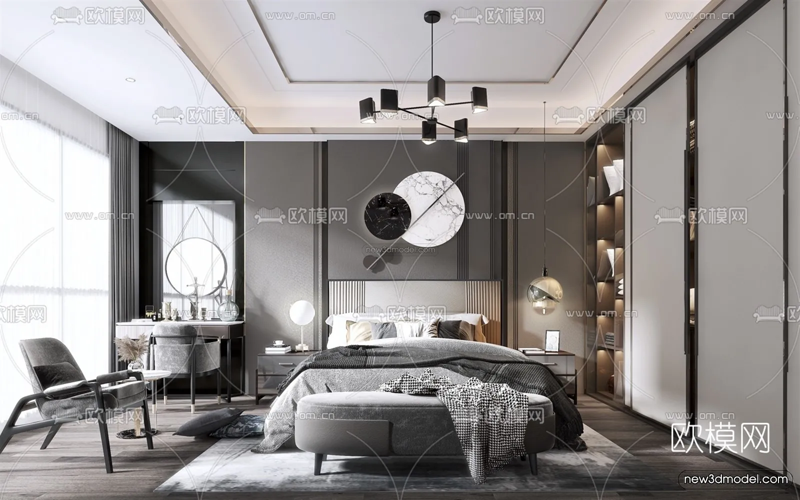 Black – White – Gray Colors Interior 3D Blocks – Bedroom 3D Scene – 203 – VRAY