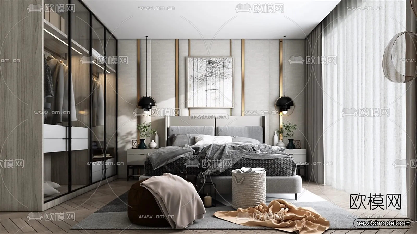 Black – White – Gray Colors Interior 3D Blocks – Bedroom 3D Scene – 204 – VRAY