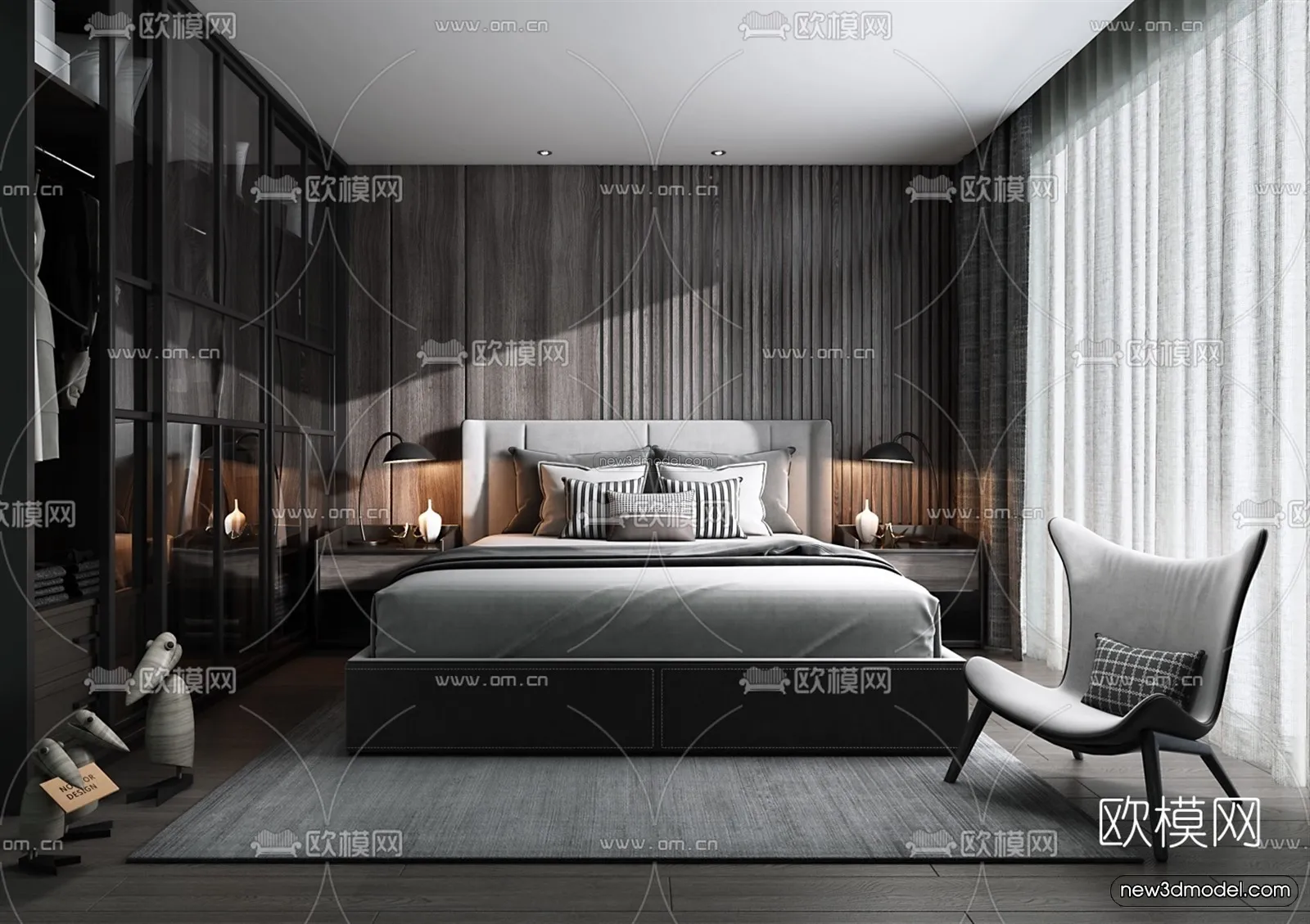 Black – White – Gray Colors Interior 3D Blocks – Bedroom 3D Scene – 205 – VRAY