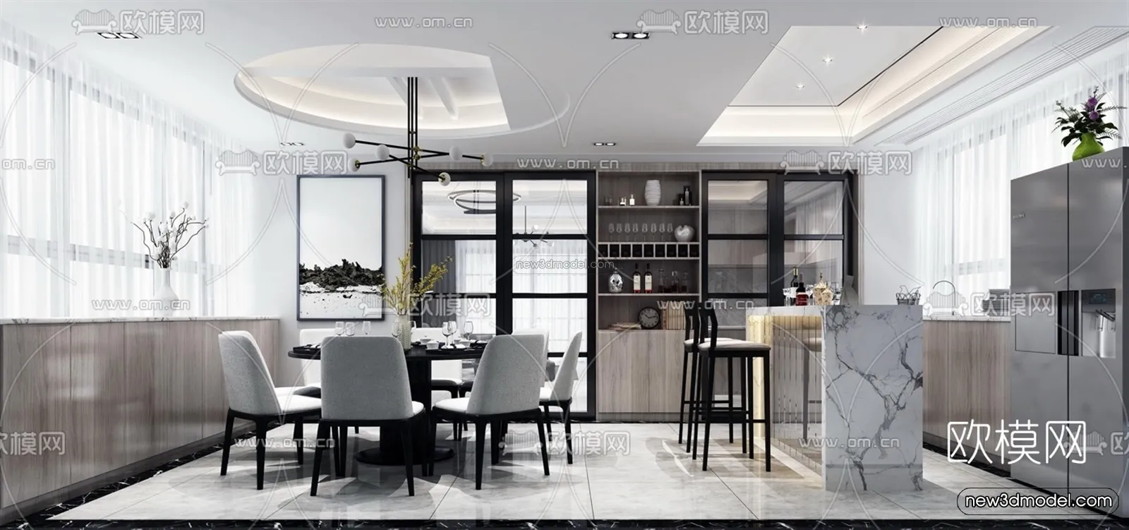 Black – White – Gray Colors Interior 3D Blocks – Dining Room 3D Scene – 135 – VRAY