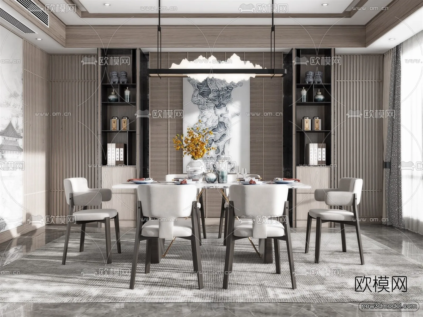 Black – White – Gray Colors Interior 3D Blocks – Dining Room 3D Scene – 140 – VRAY