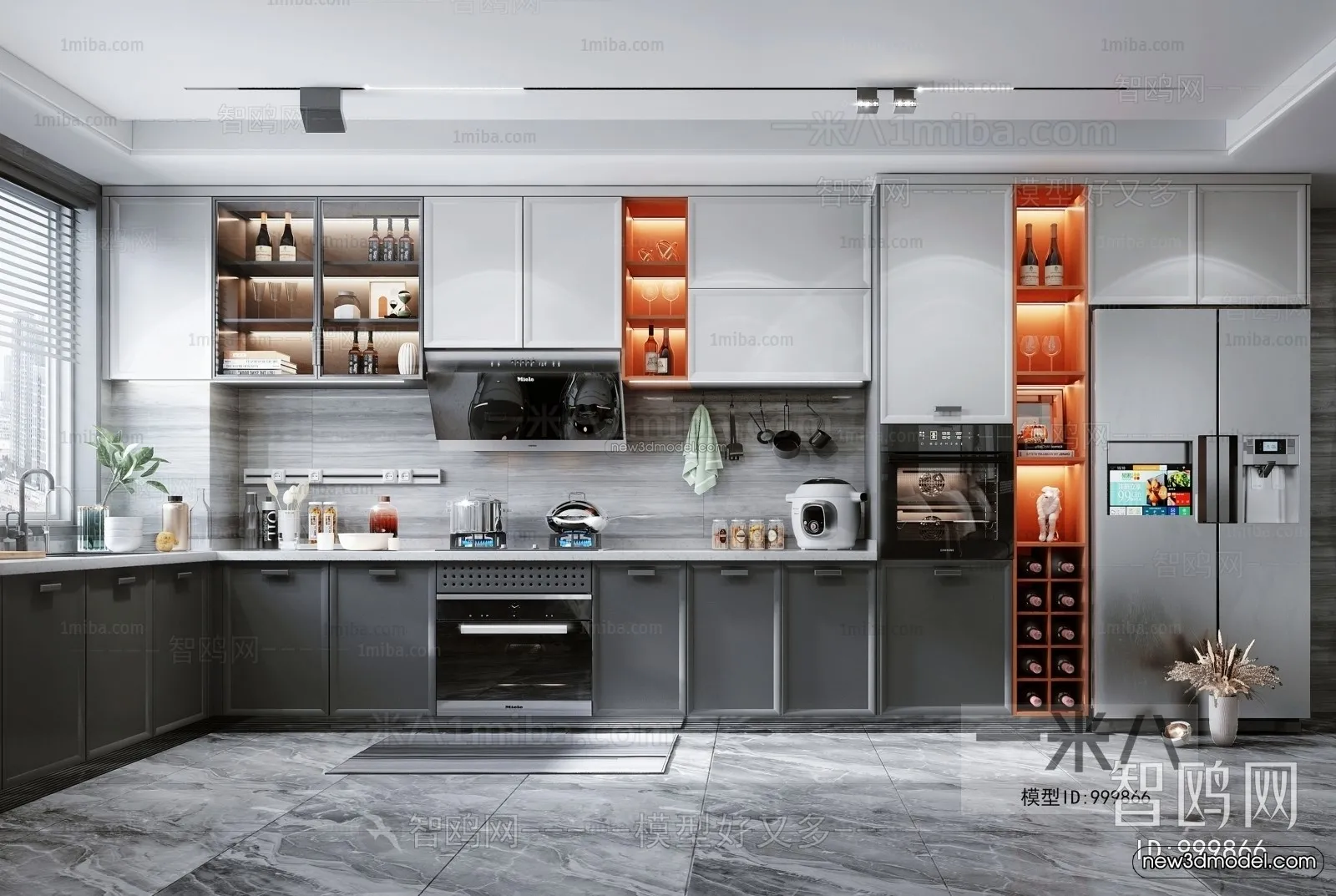 Black – White – Gray Colors Interior 3D Blocks – Kitchen 3D Scene – 208 – VRAY