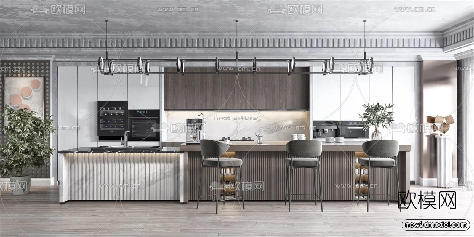 Black – White – Gray Colors Interior 3D Blocks – Kitchen 3D Scene – 210 – VRAY