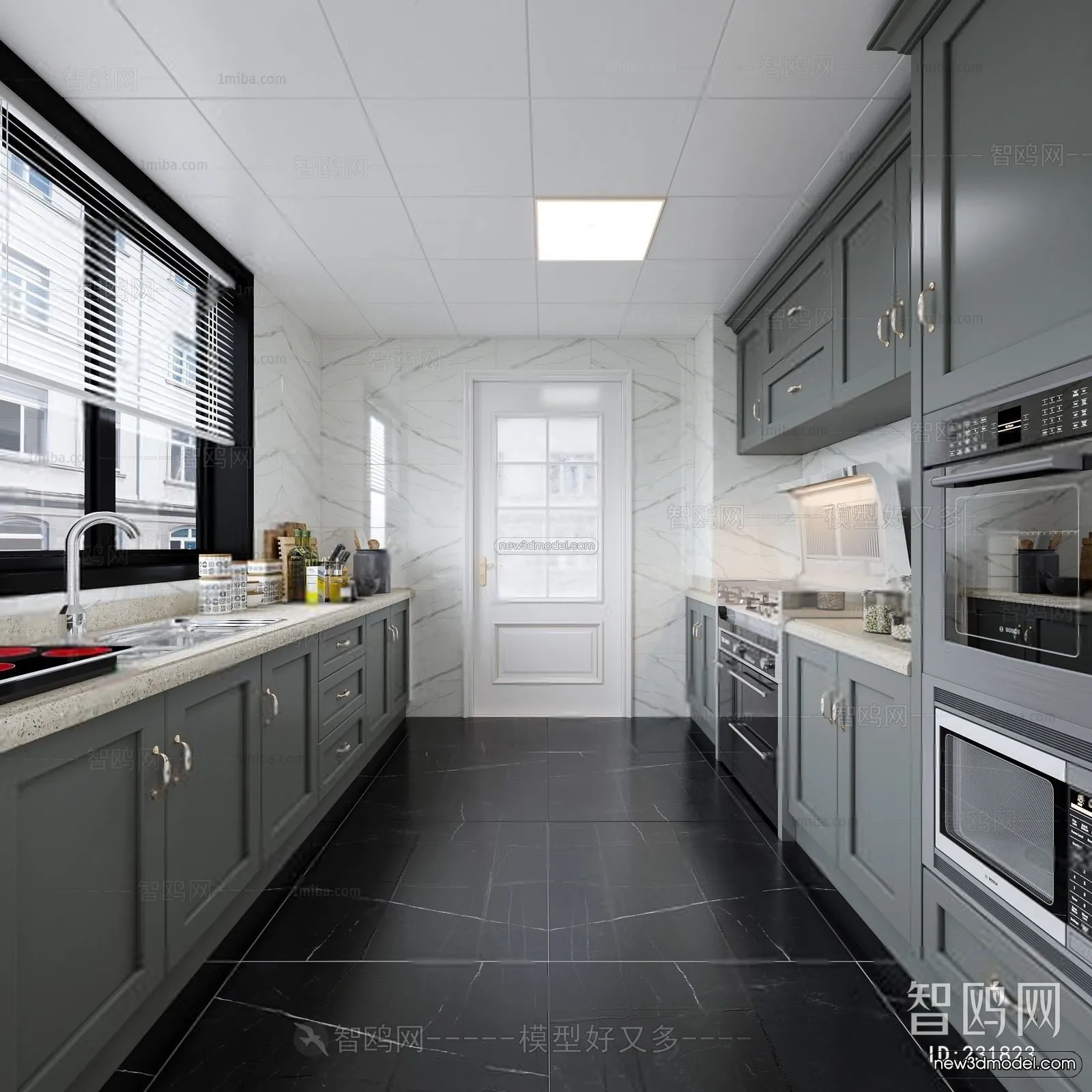Black – White – Gray Colors Interior 3D Blocks – Kitchen 3D Scene – 212 – VRAY
