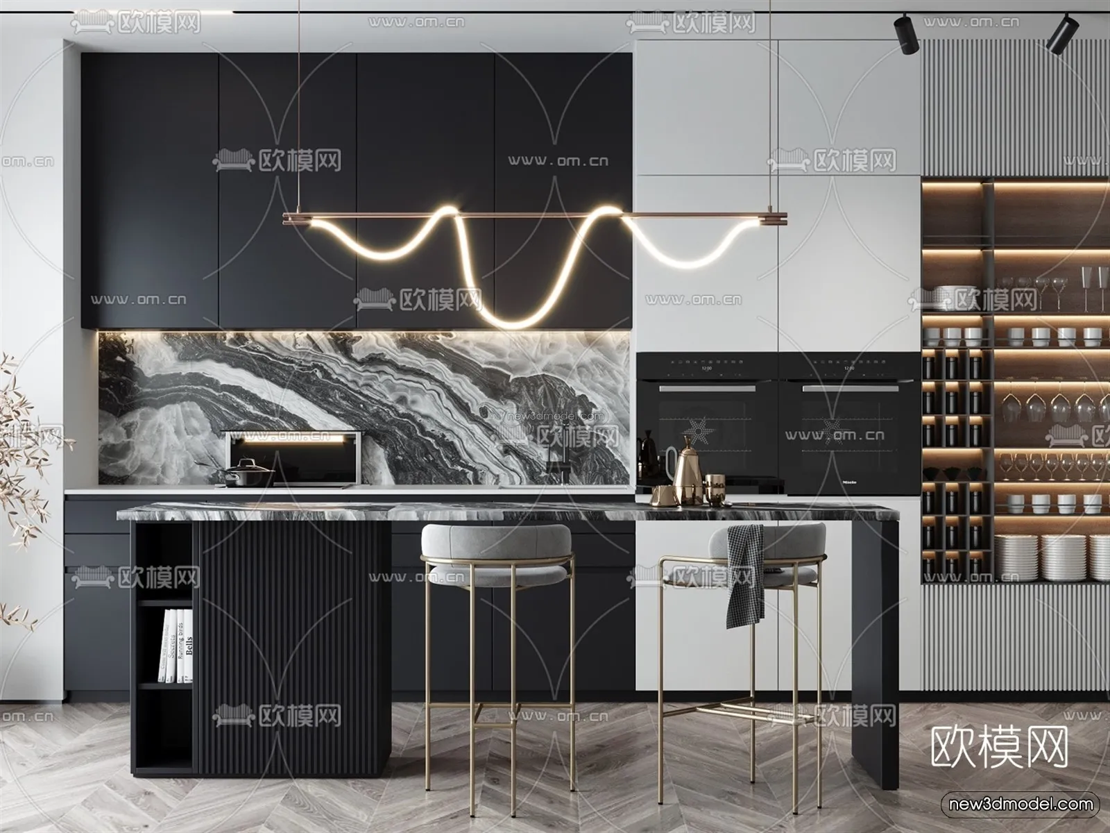 Black – White – Gray Colors Interior 3D Blocks – Kitchen 3D Scene – 214 – VRAY