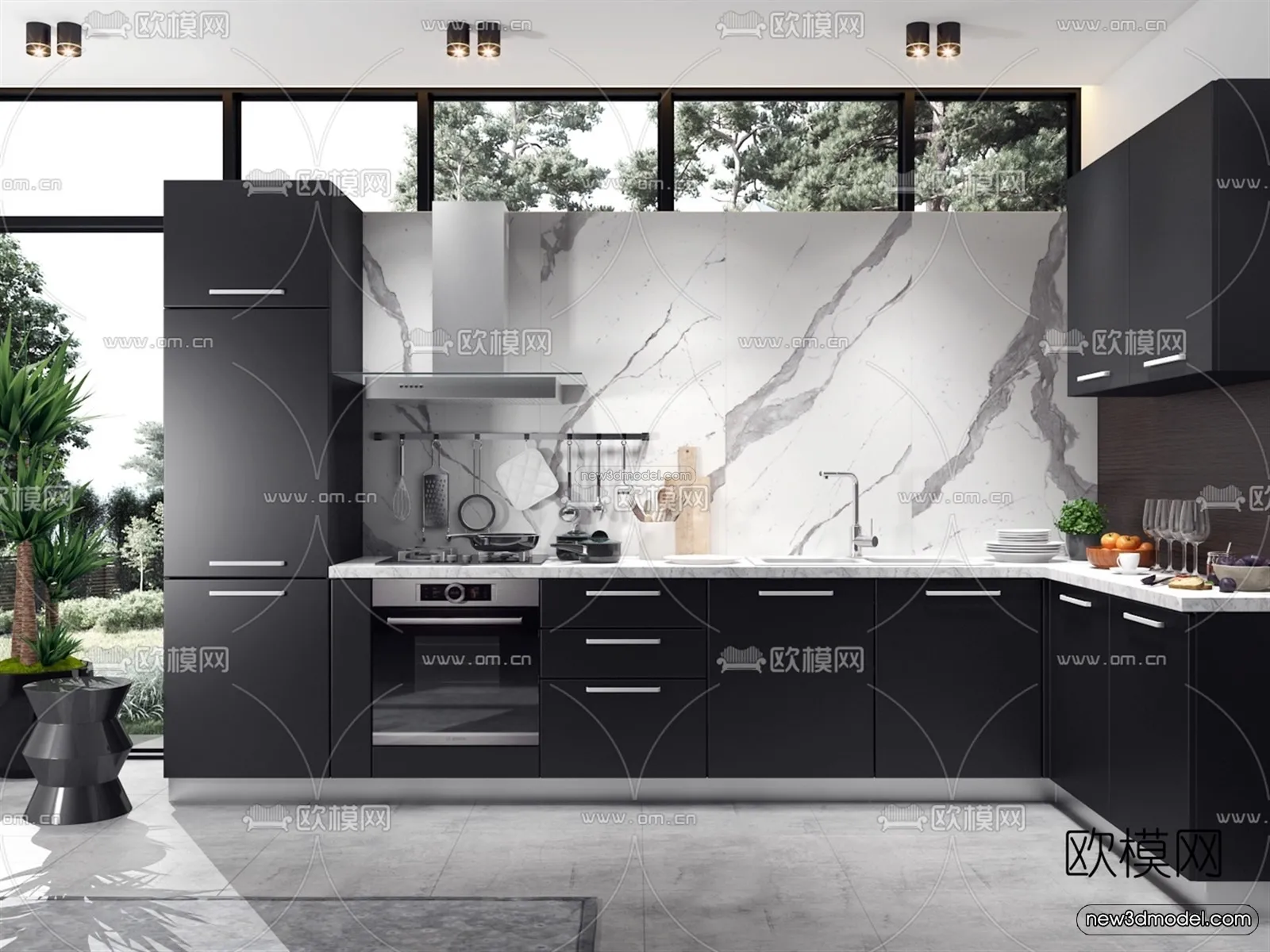 Black – White – Gray Colors Interior 3D Blocks – Kitchen 3D Scene – 215 – VRAY