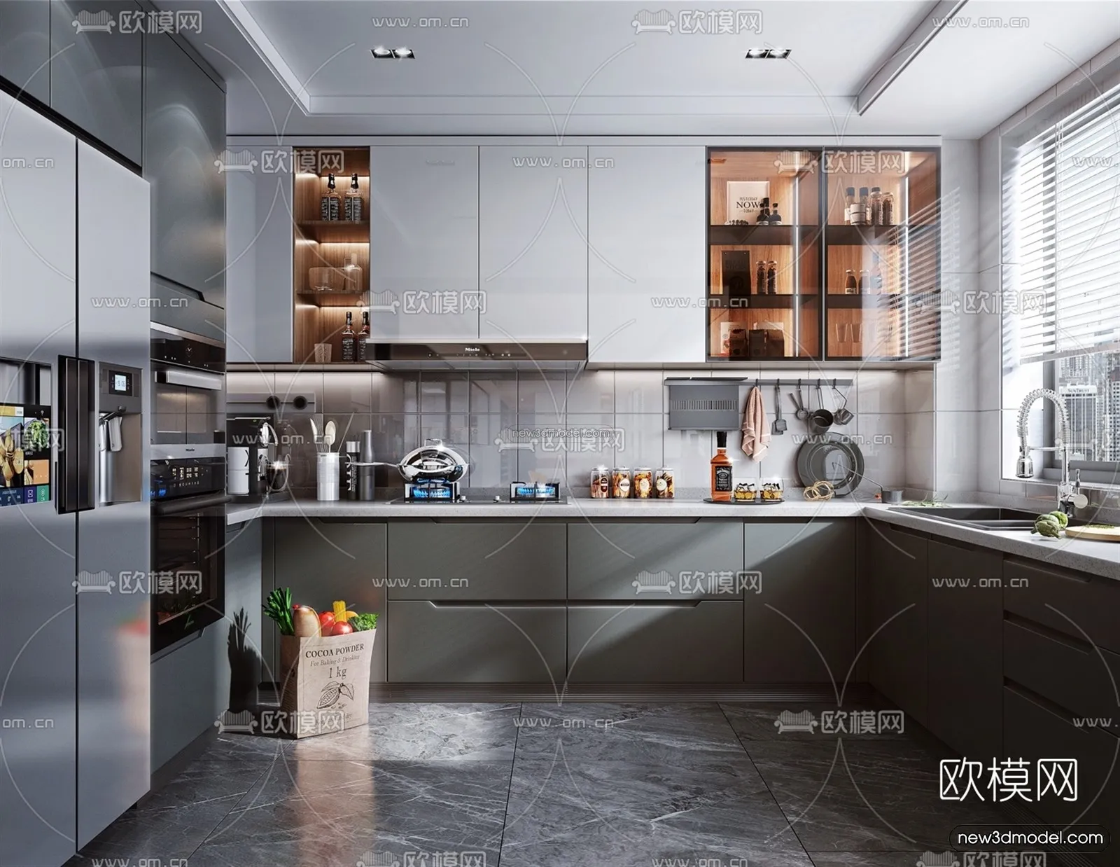 Black – White – Gray Colors Interior 3D Blocks – Kitchen 3D Scene – 223 – VRAY